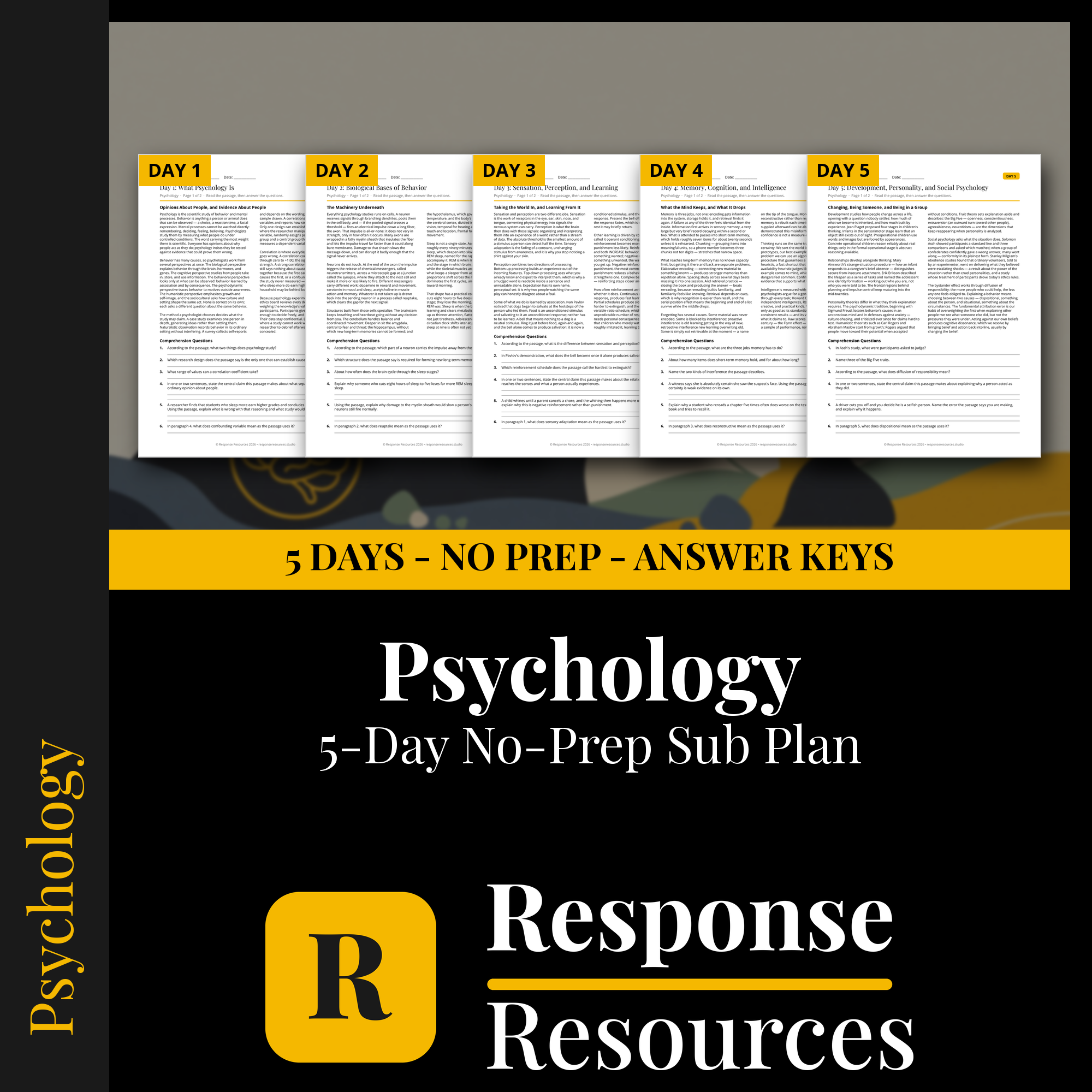 Response Resources 5-day no-prep Psychology substitute plan cover