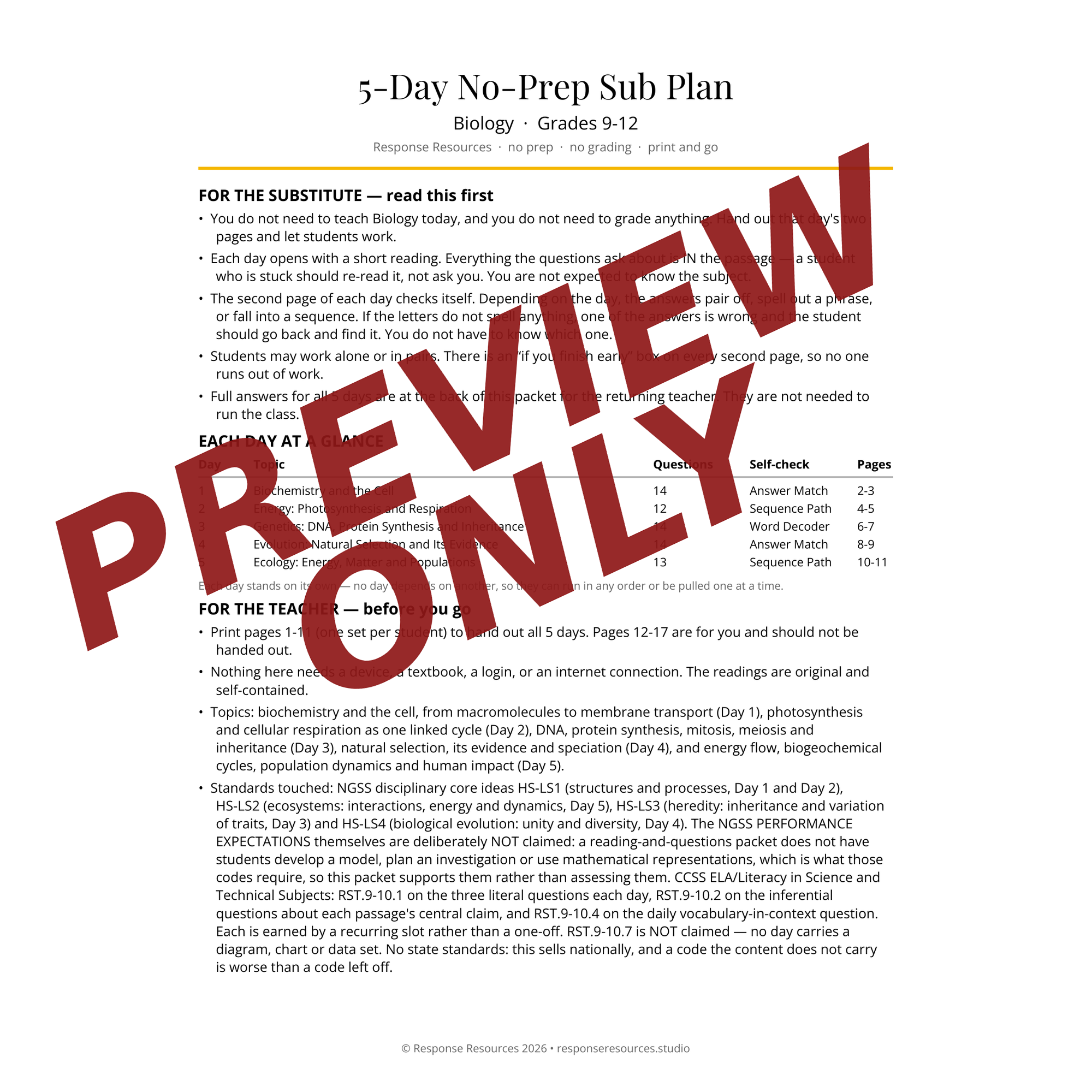 Preview of the Biology sub plan — Sub & Teacher Notes page