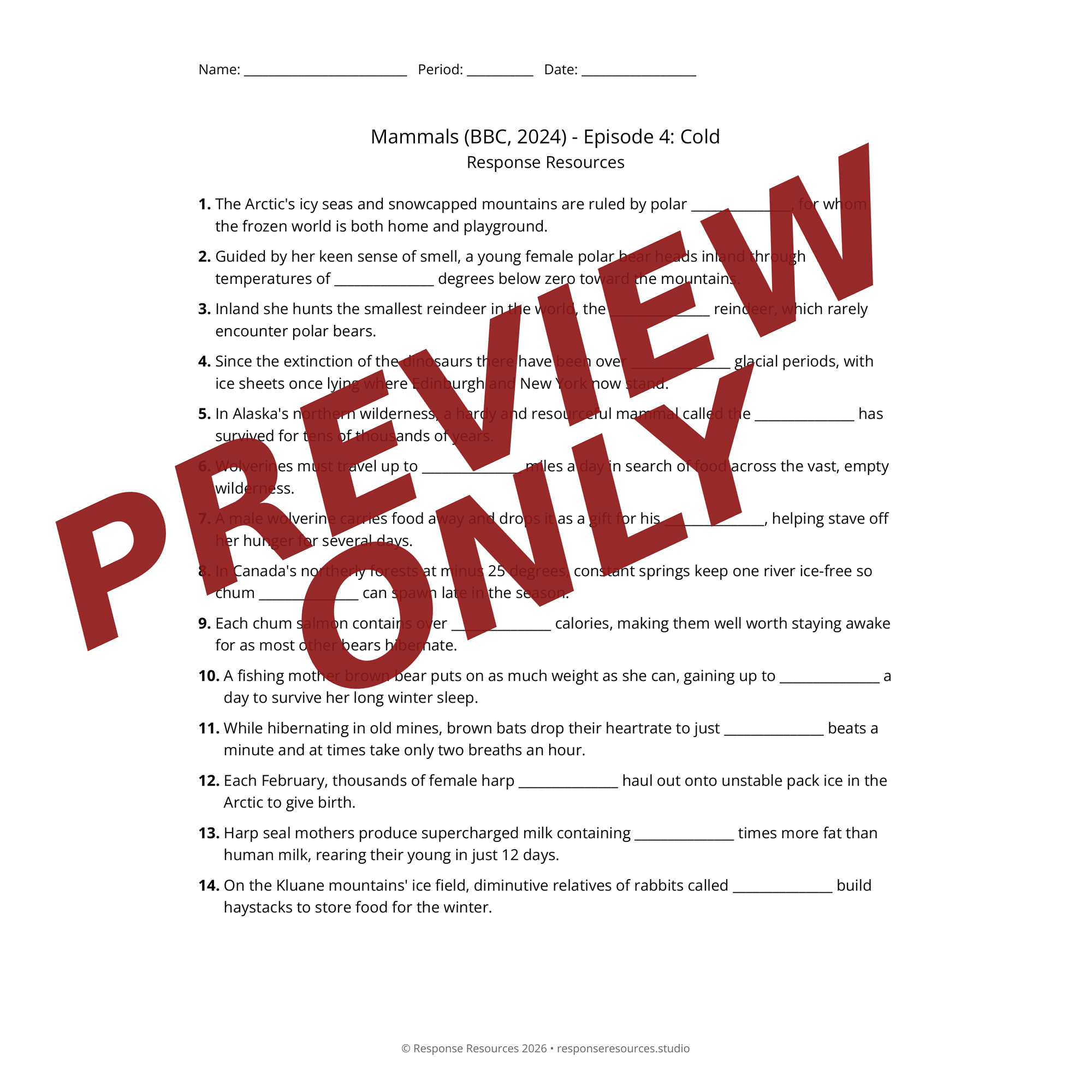 Preview of Mammals (BBC, 2024) - Episode 4: Cold worksheet — fill-in-the-blank documentary worksheet for Environmental Science