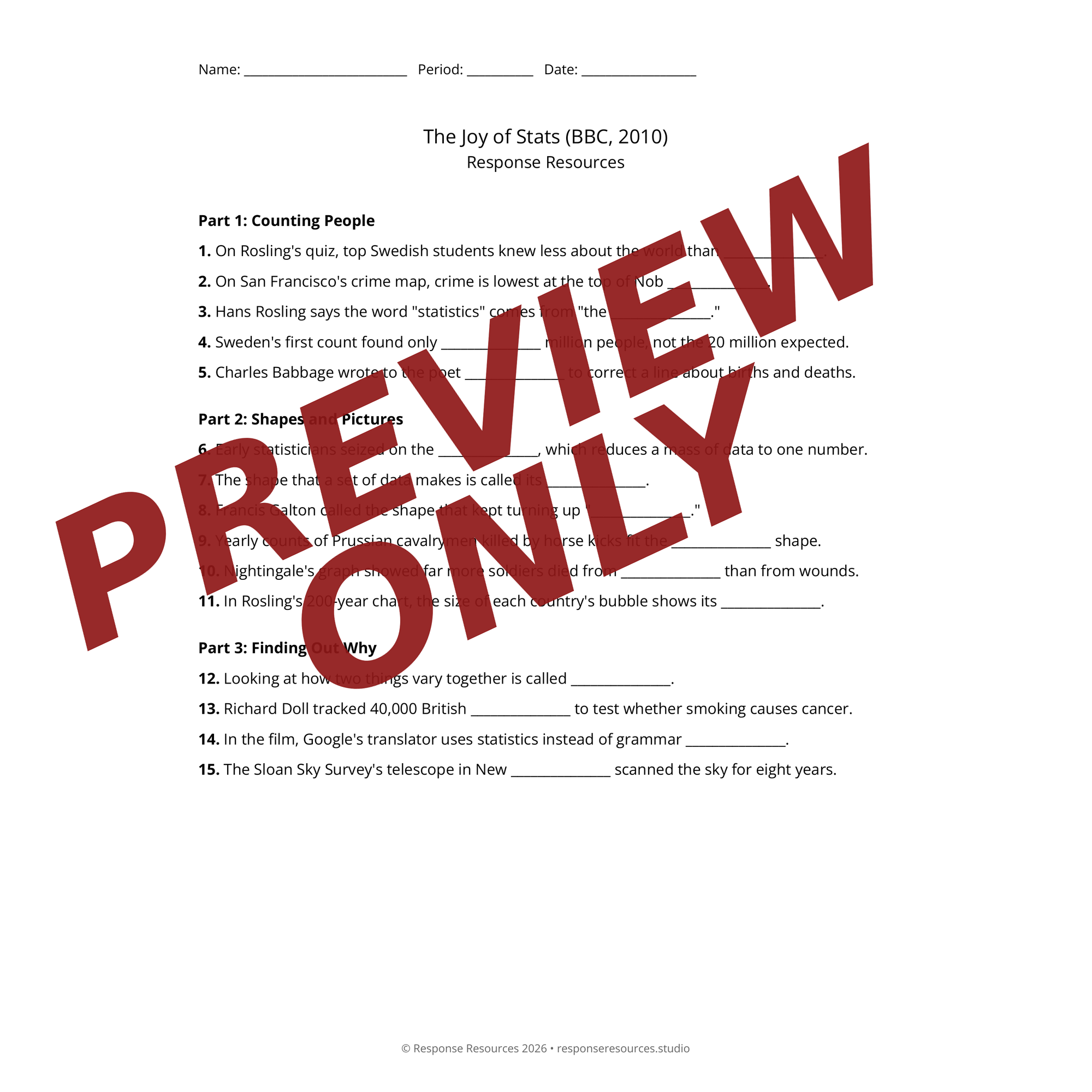 Preview of The Joy of Stats (BBC, 2010) worksheet — fill-in-the-blank documentary worksheet for Statistics