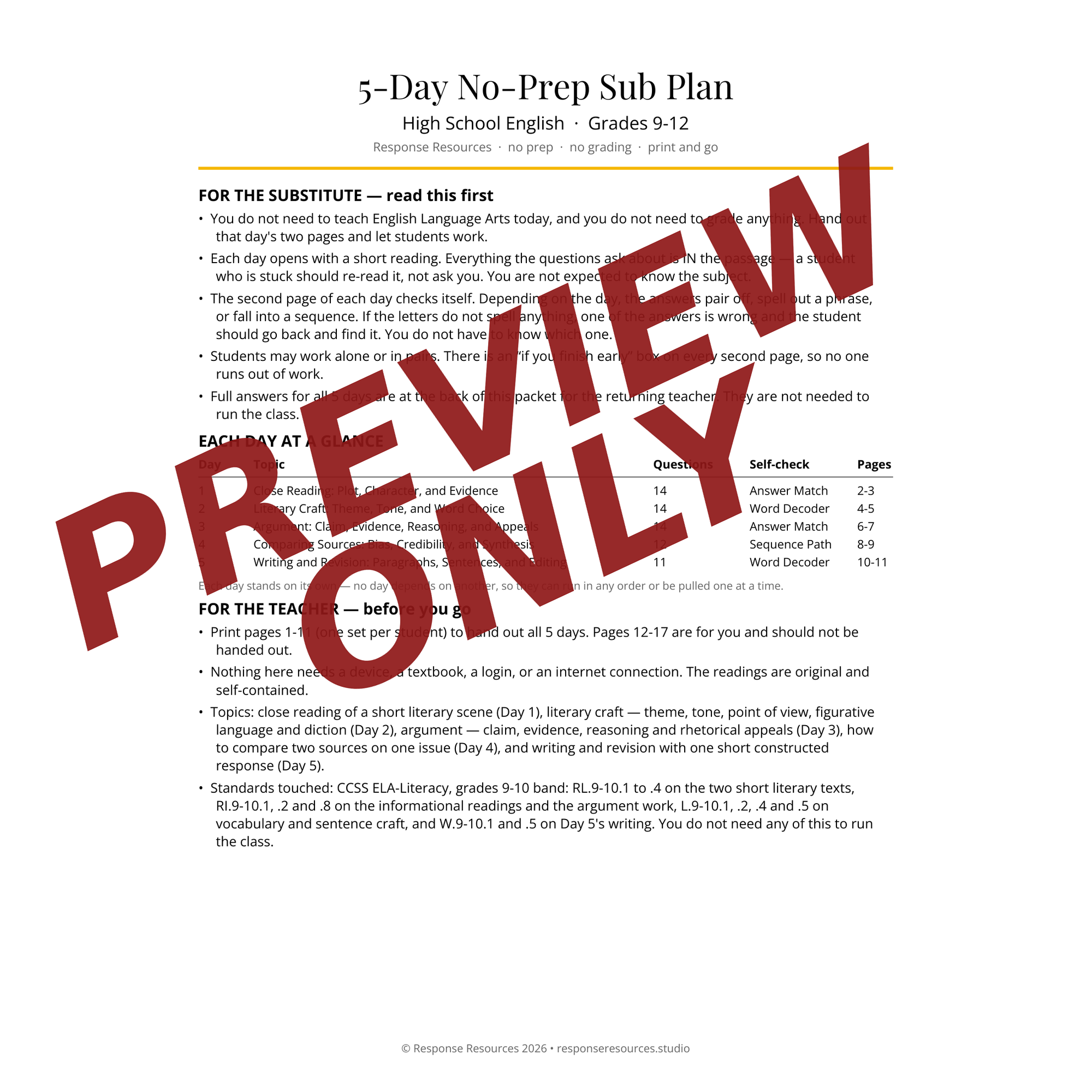 Preview of the English Language Arts sub plan — Sub & Teacher Notes page