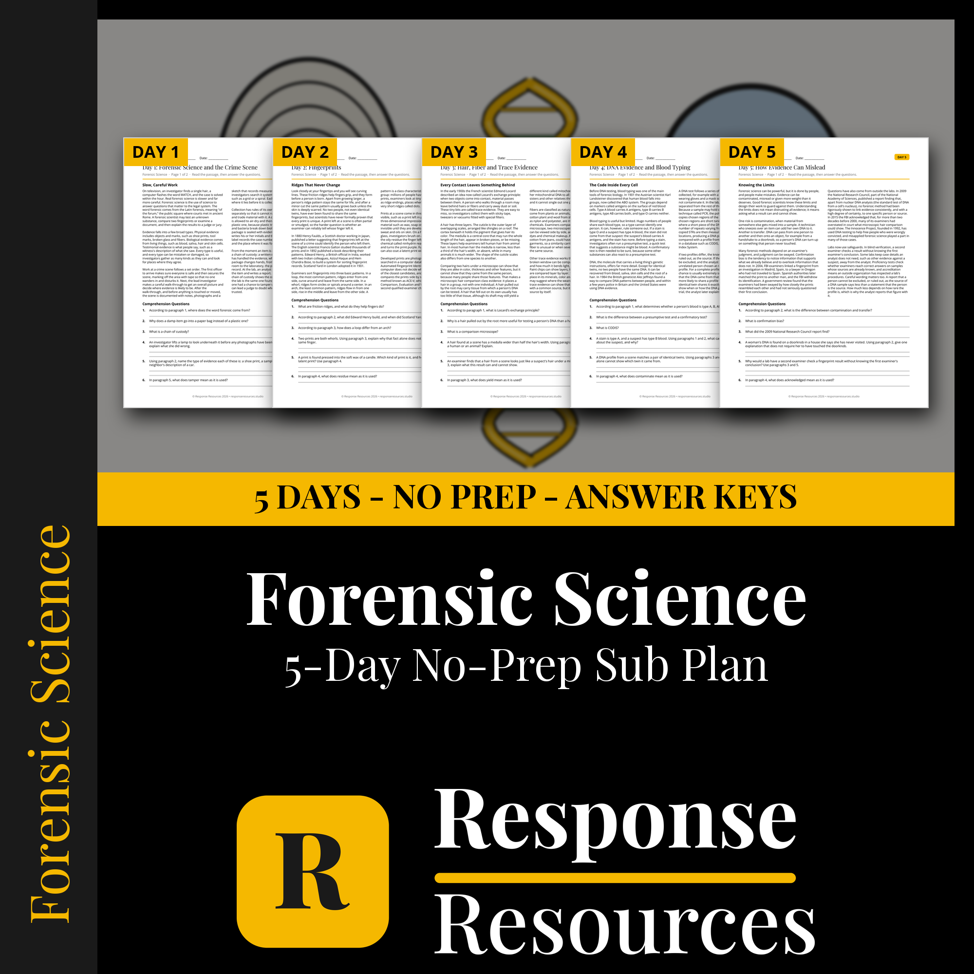 Response Resources 5-day no-prep Forensic Science substitute plan cover