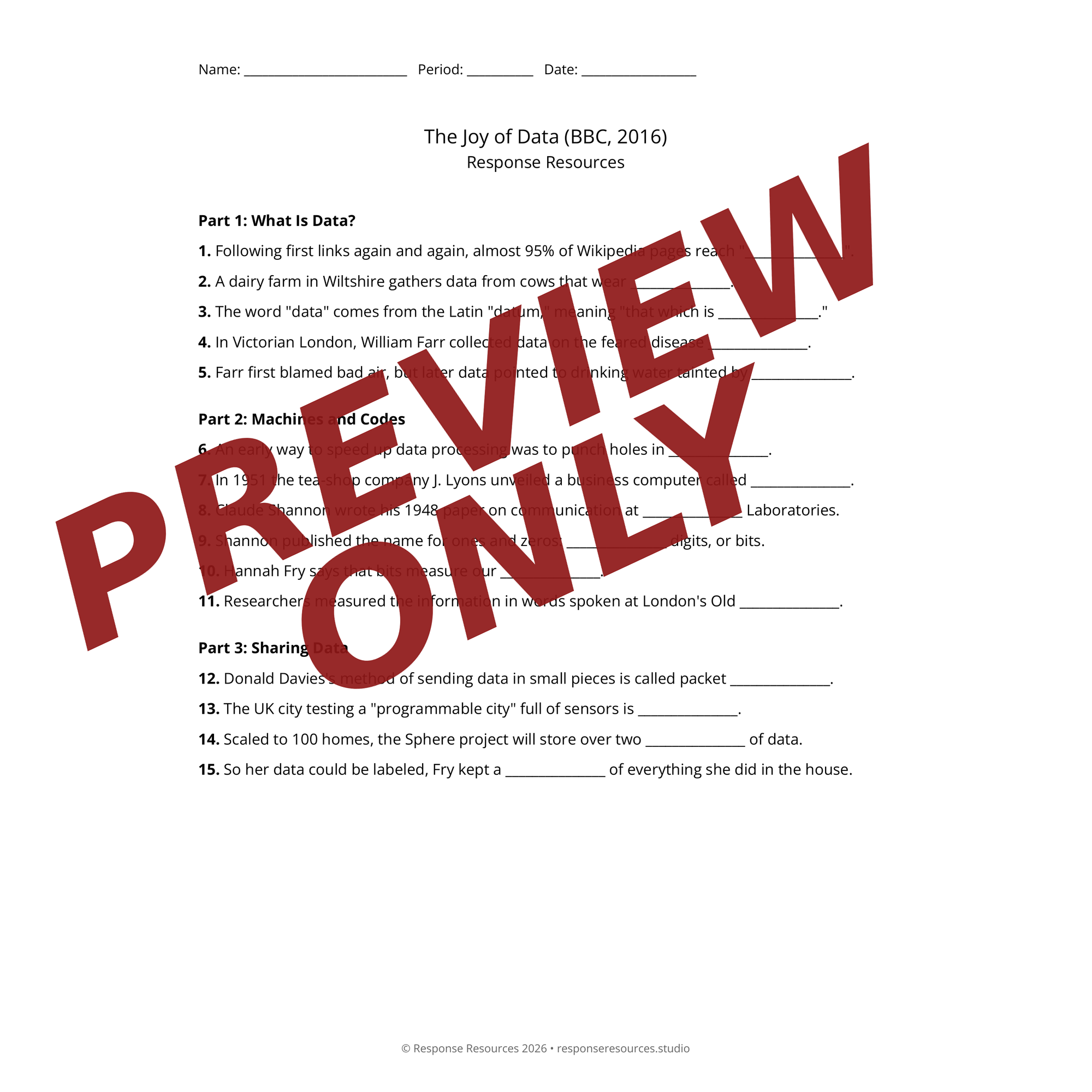 Preview of The Joy of Data (BBC, 2016) worksheet — fill-in-the-blank documentary worksheet for Computer Science