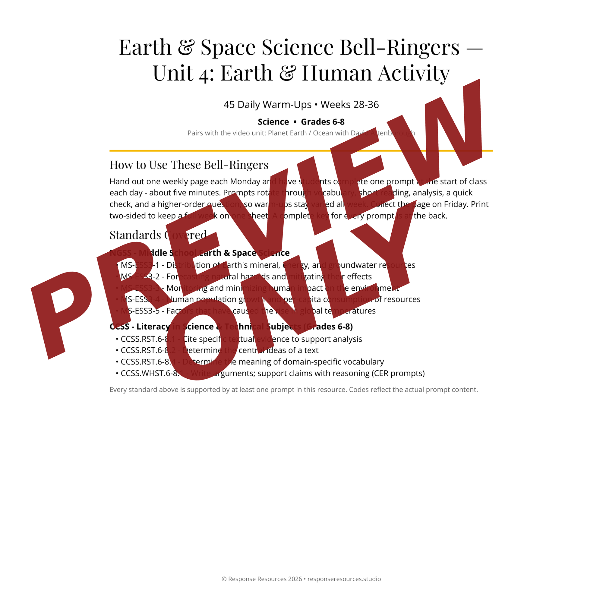 Preview page of Earth & Space Science Bell-Ringers — Unit 4: Earth & Human Activity