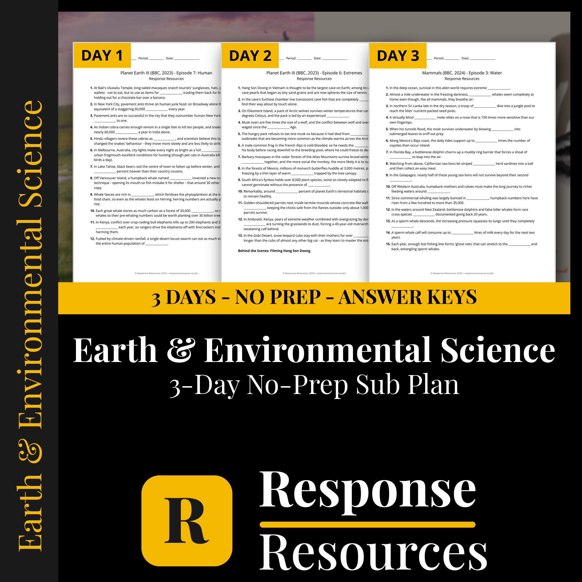 Response Resources 3-day no-prep Earth & Environmental Science substitute plan cover
