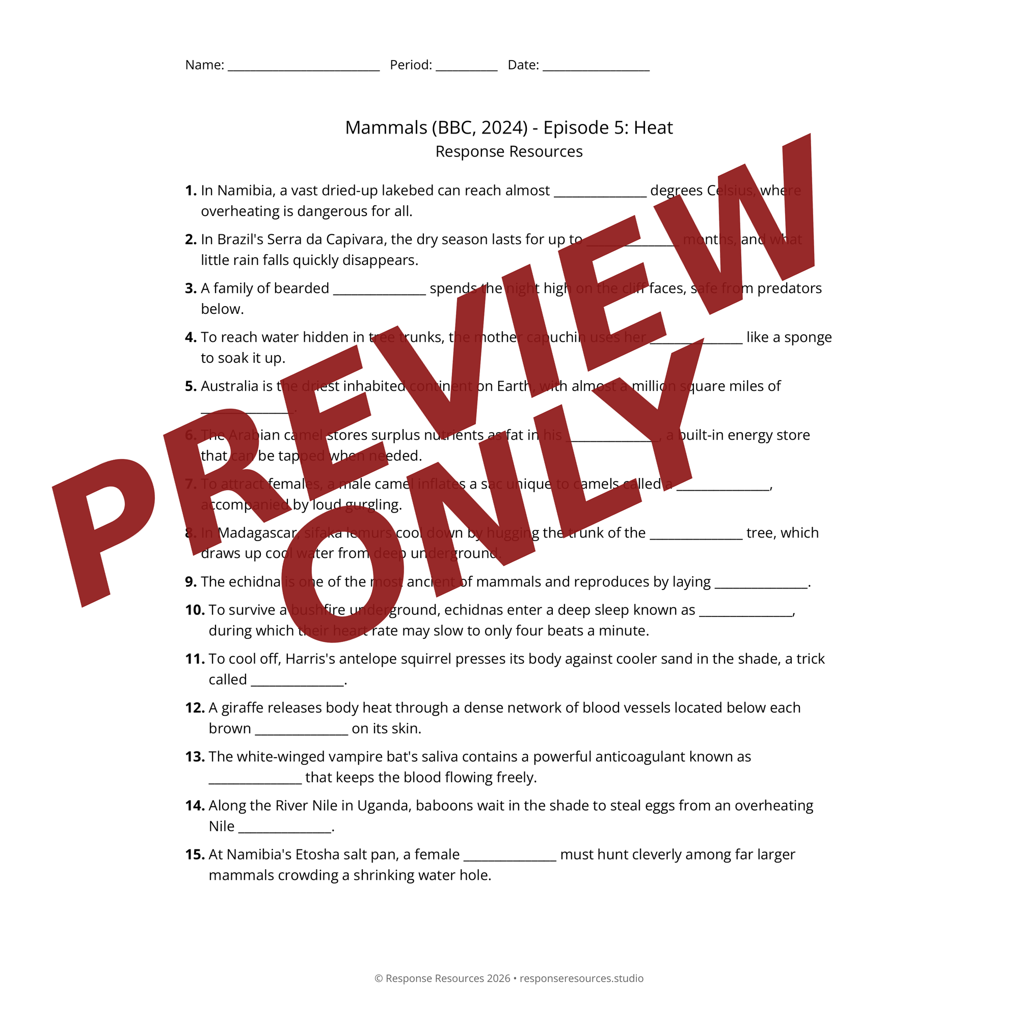 Preview of Mammals (BBC, 2024) - Episode 5: Heat worksheet — fill-in-the-blank documentary worksheet for Environmental Science