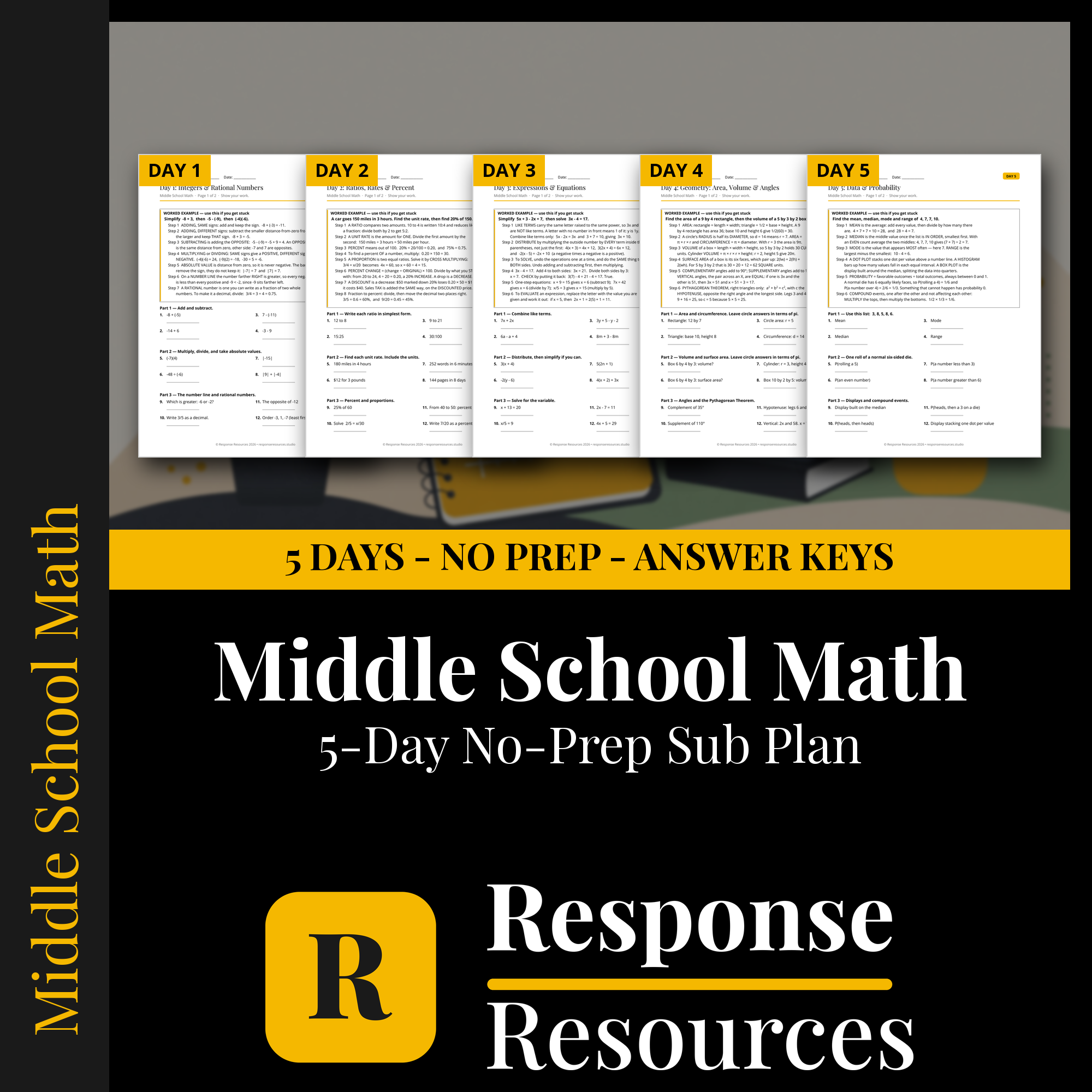 Response Resources 5-day no-prep Middle School Math substitute plan cover