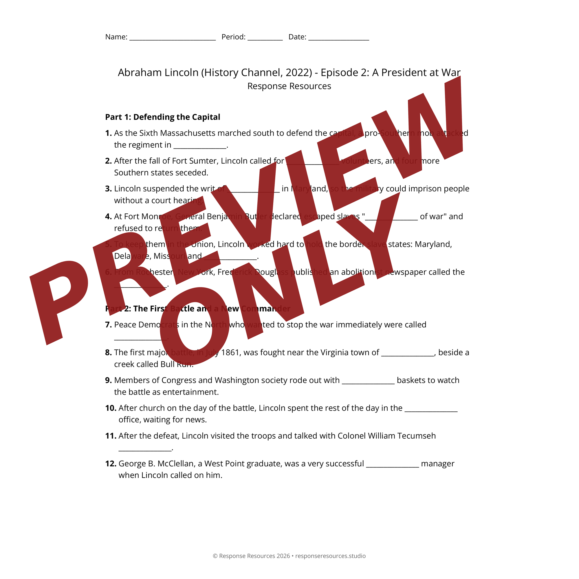 Preview of Abraham Lincoln (History Channel, 2022) - Episode 2: A President at War worksheet — fill-in-the-blank documentary worksheet for US History