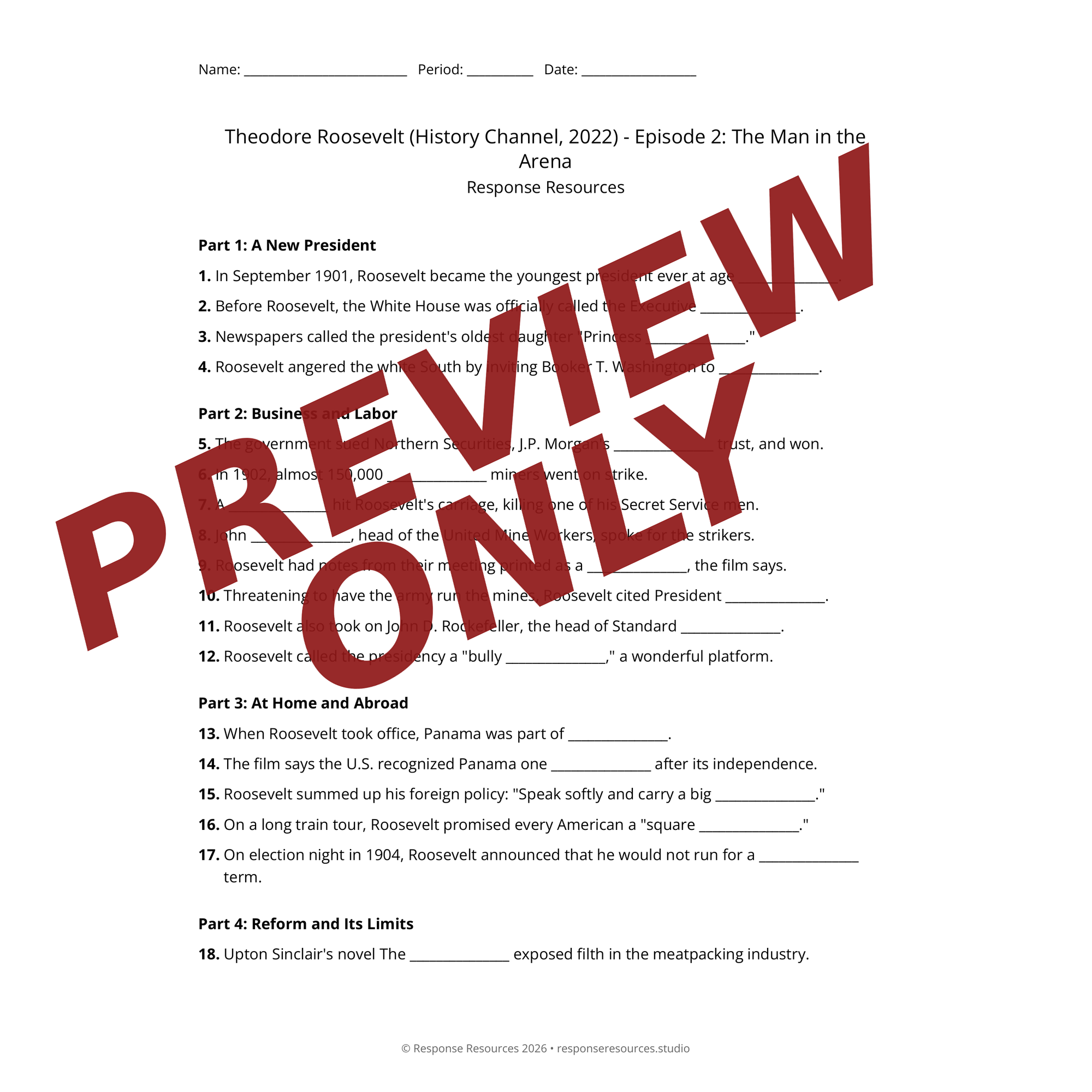 Preview of Theodore Roosevelt (History Channel, 2022) - Episode 2: The Man in the Arena worksheet — fill-in-the-blank documentary worksheet for US History