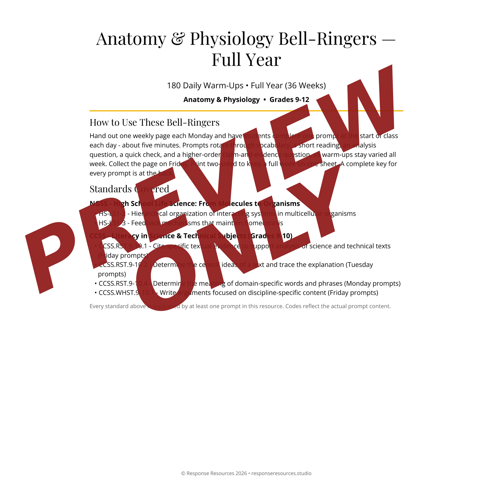 Preview page of Anatomy & Physiology Bell-Ringers — Full Year