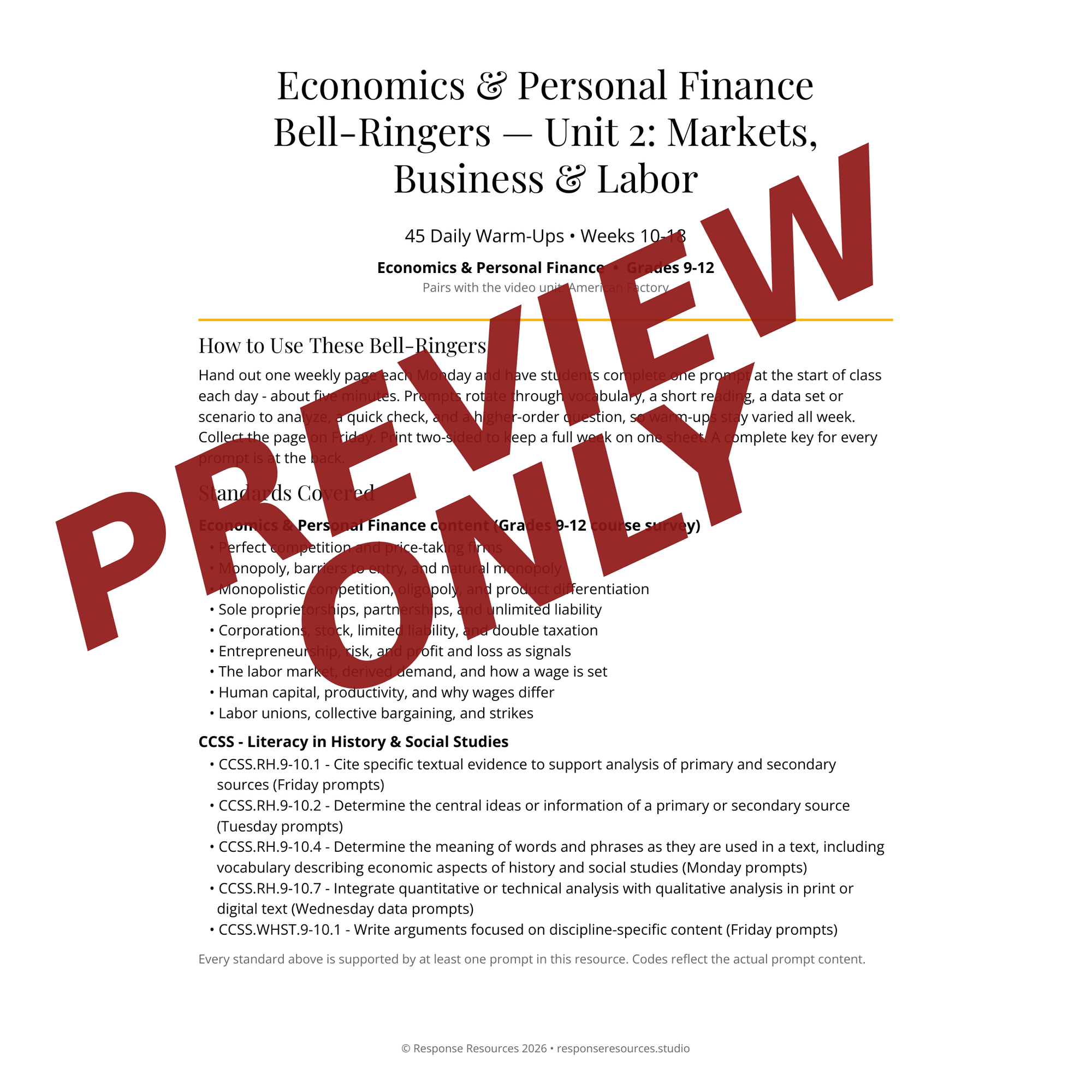 Preview page of Economics & Personal Finance Bell-Ringers — Unit 2: Markets, Business & Labor