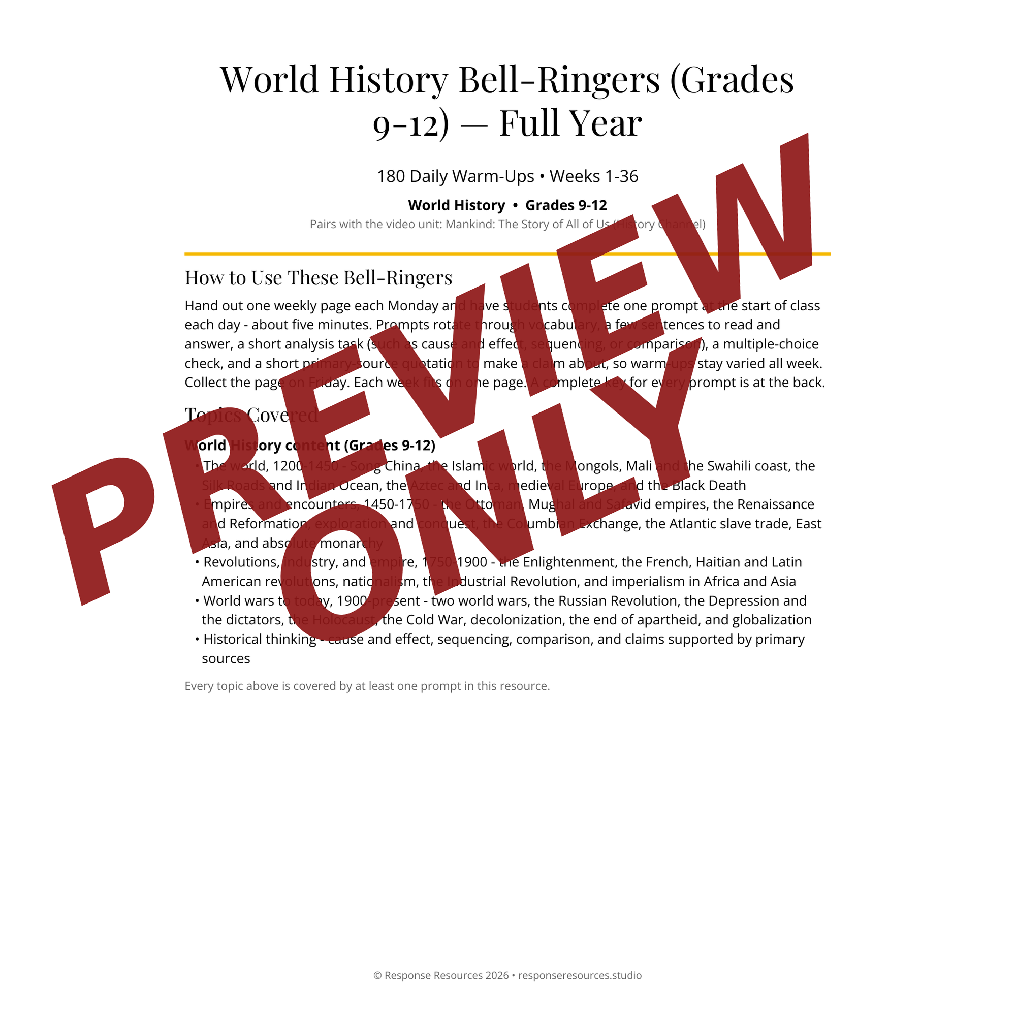 Preview page of World History Bell-Ringers (Grades 9-12) — Full Year
