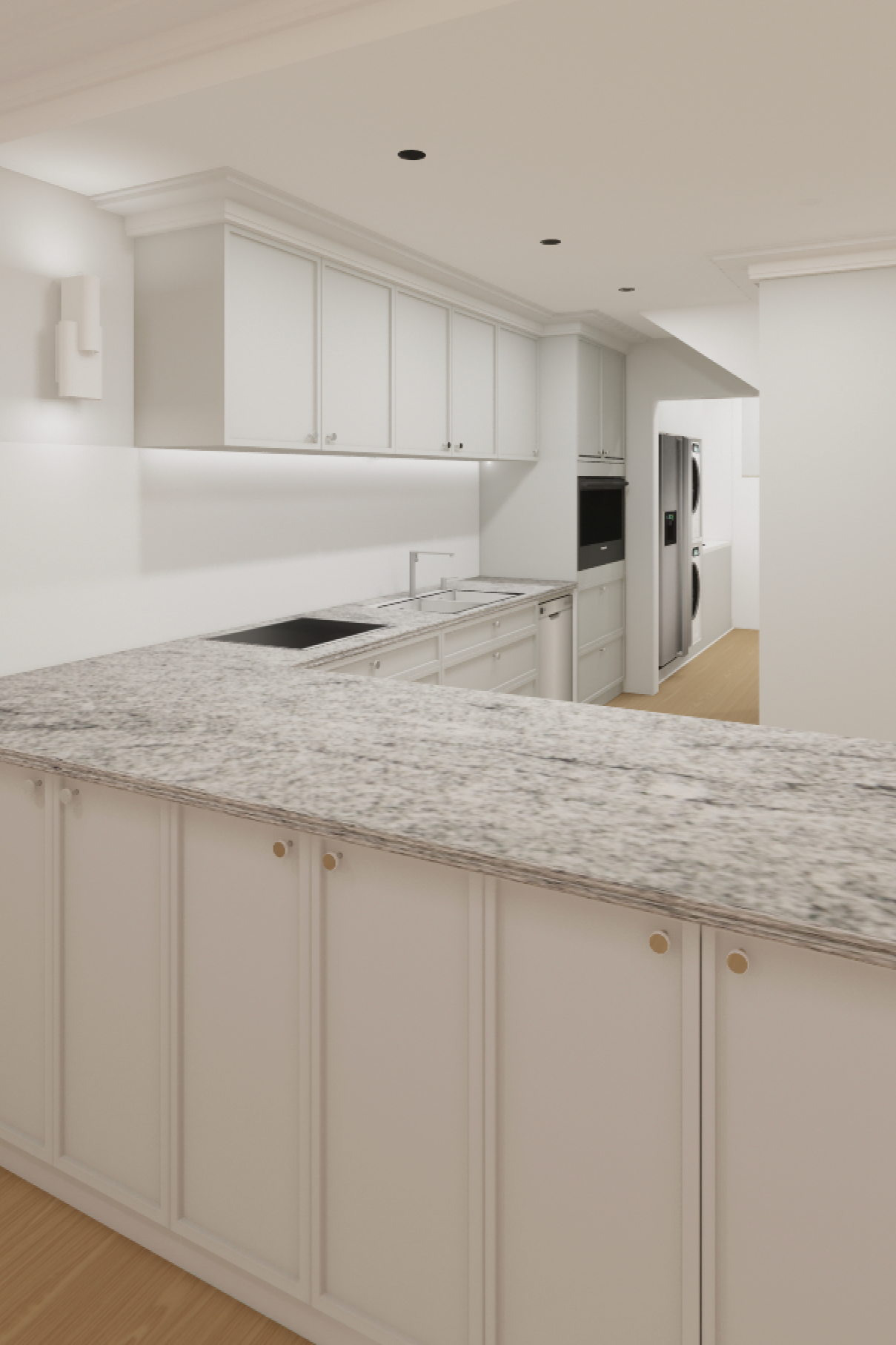 Kitchen, 3D rendering, granite benchtop