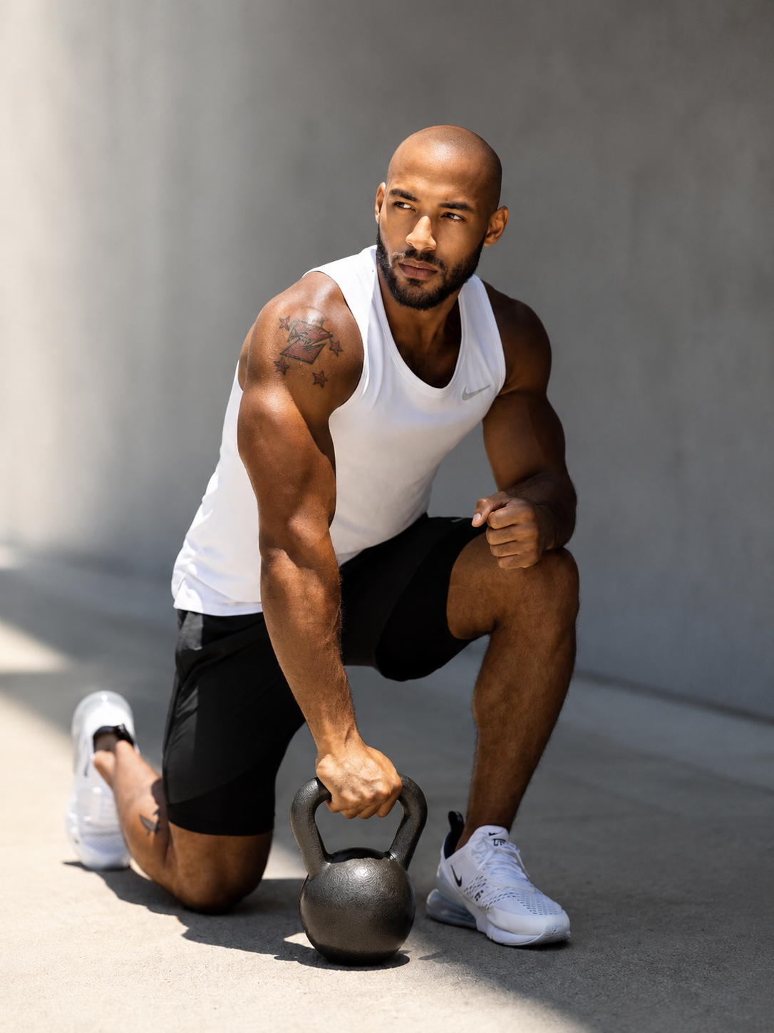 Jahfari, ALGNMNT strength and wellness coach, with a kettlebell
