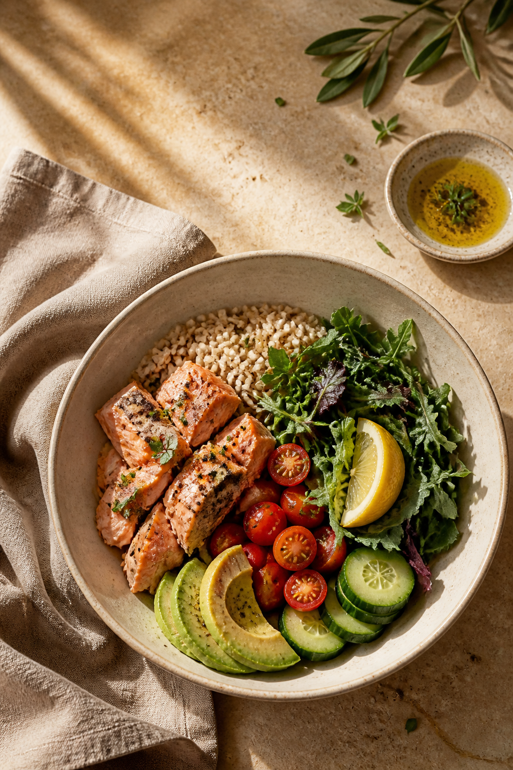 Illustrated ingredients and a balanced meal from ALGNMNT’s Nutrition, Made Simple guide.