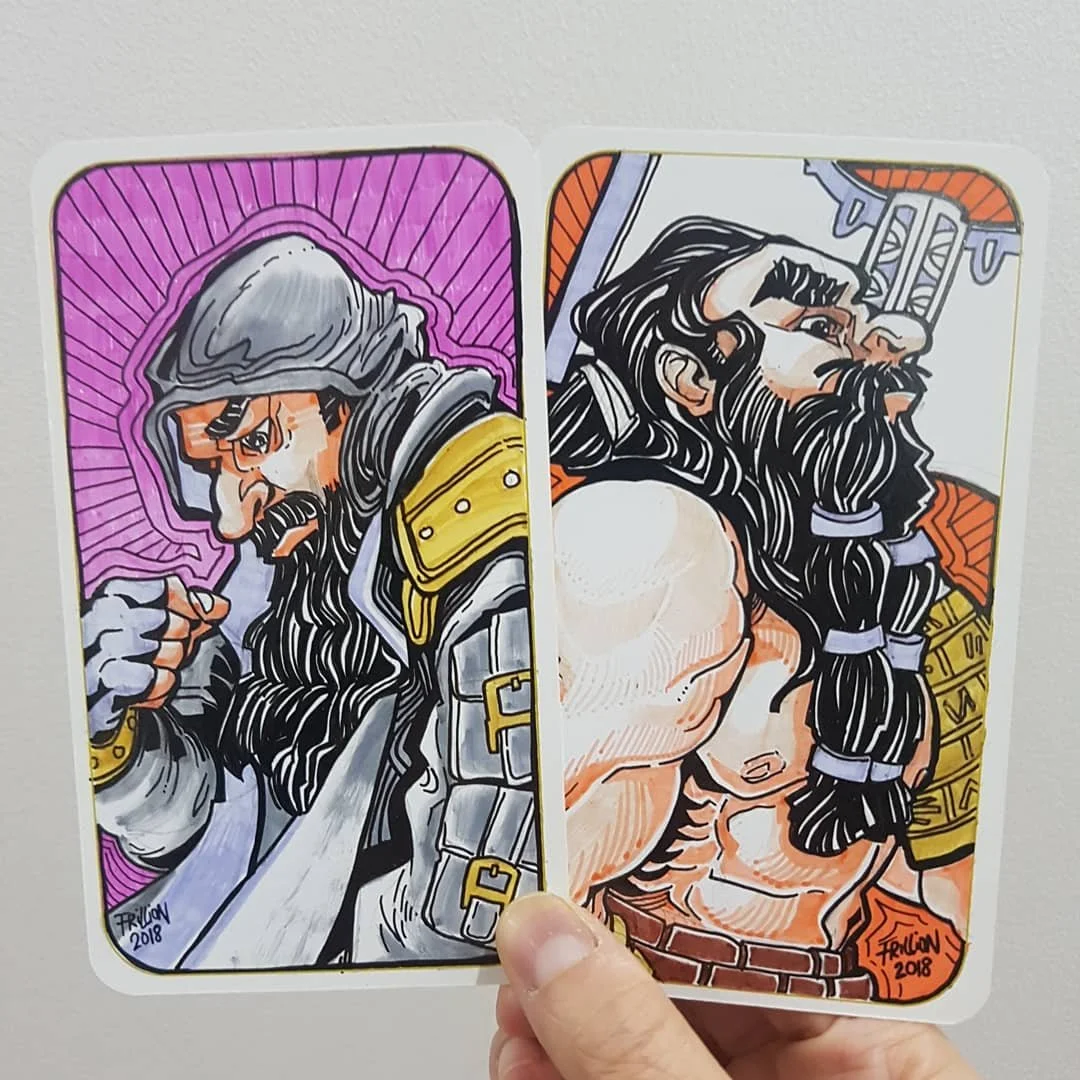 Artistic illustrations of two characters: one with long dark hair, a beard, and muscular torso, and the other in a hooded jacket with long dark hair and a beard, both with stylized cartoon style.