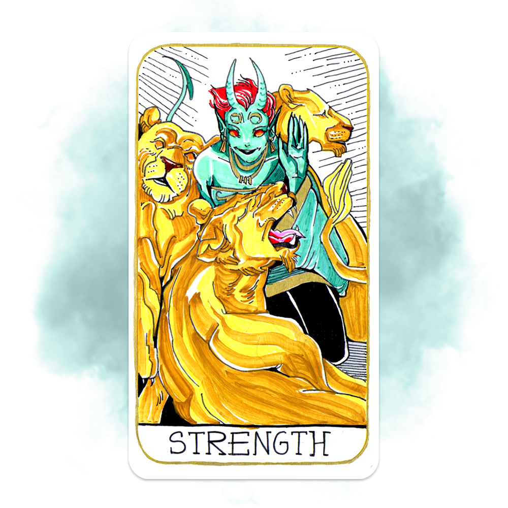 A tarot card labeled 'Strength' features a blue-skinned, horned figure with pink hair, smiling and holding a lion's paw, with two lions intertwined around her. The art style is colorful and bold.