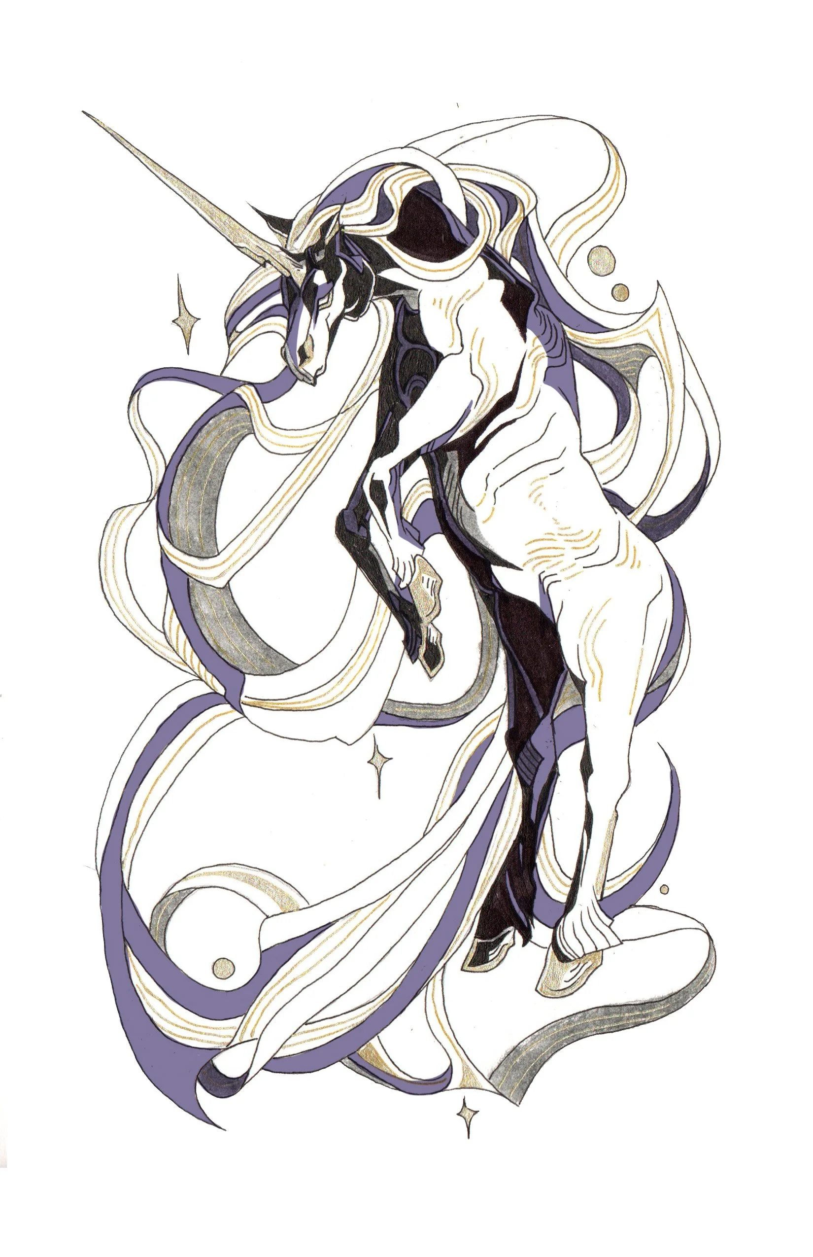 Line art illustration of a unicorn with a flowing mane and tail, surrounded by swirling lines and small sparkles.