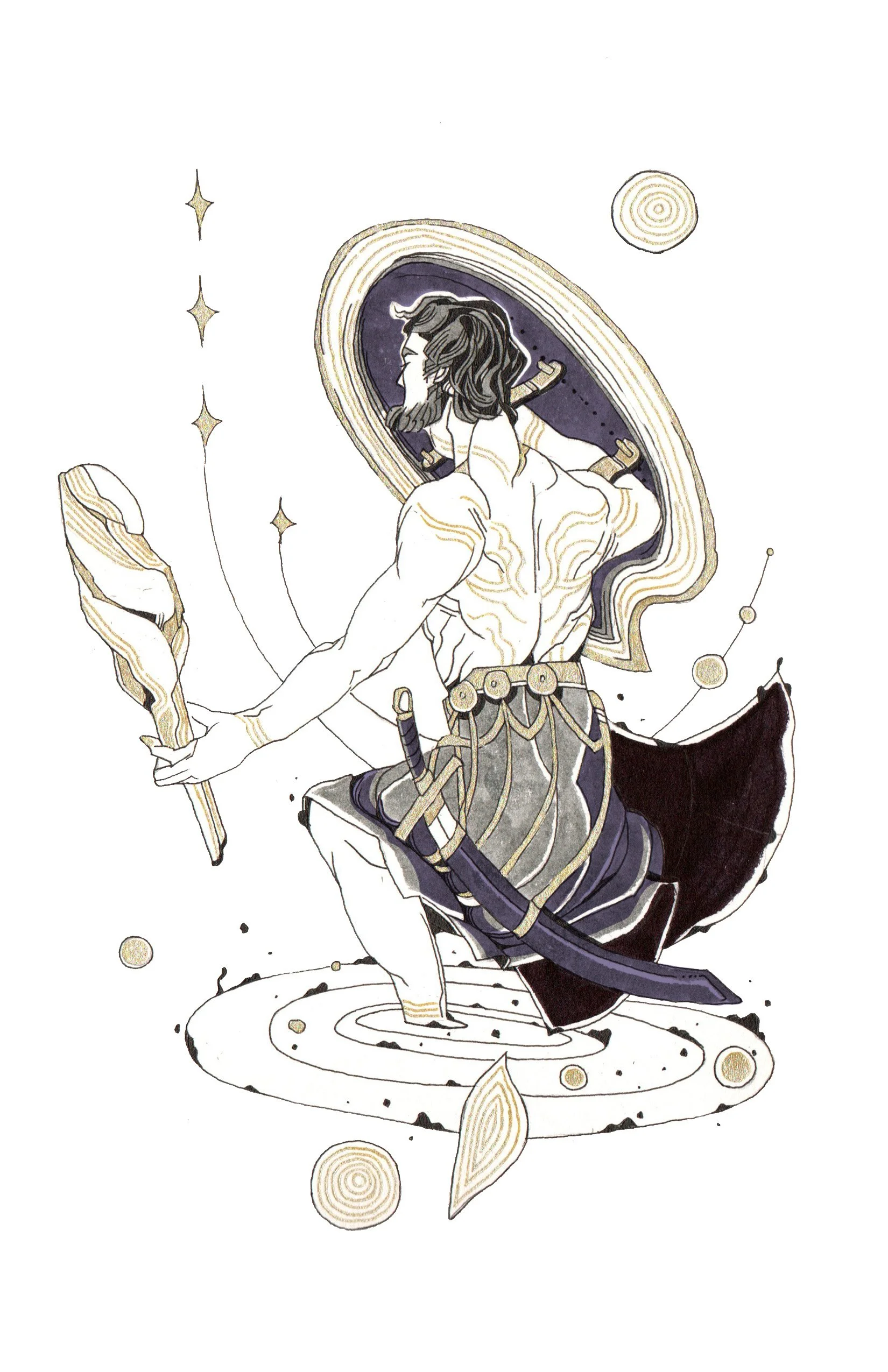 An illustrated depiction of a muscular man with long hair and a beard, sitting on a rock with cosmic elements such as planets, stars, and swirling galaxies surrounding him. The illustration is done in a black, white, and gold color scheme.