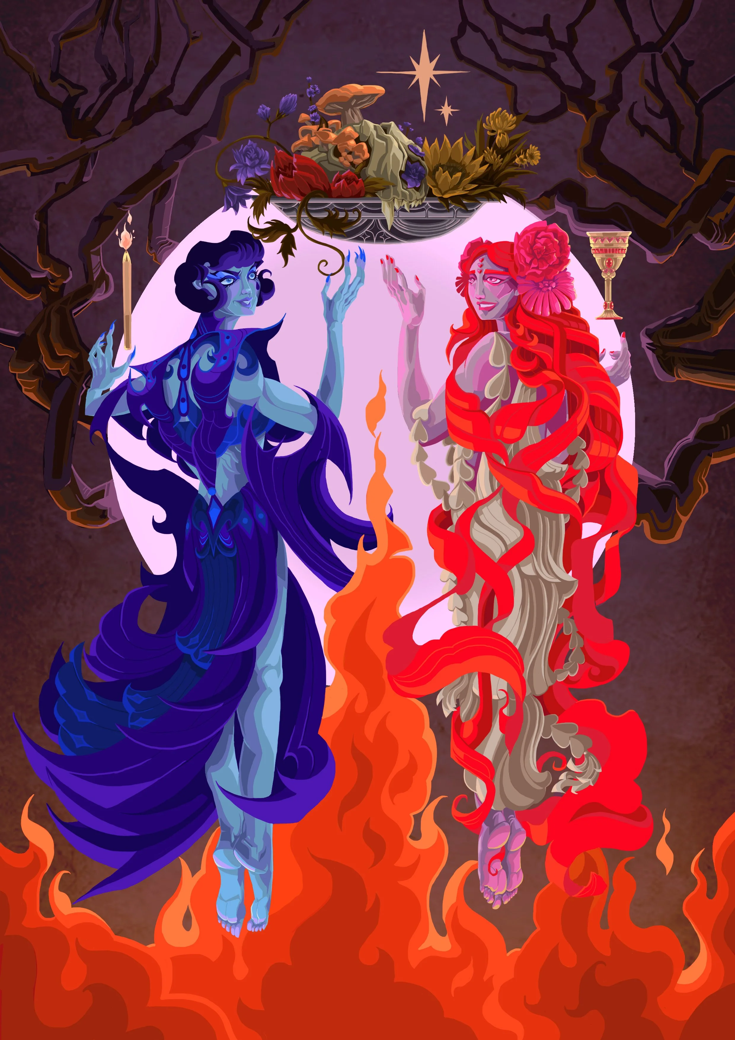 Digital illustration of two mythological figures, one with blue skin and dark blue hair with dragon-like features, and the other with pinkish-purple skin and bright red hair with floral adornments, floating in flames under a dark sky with stars. A bowl of fungi and plants is above them.
