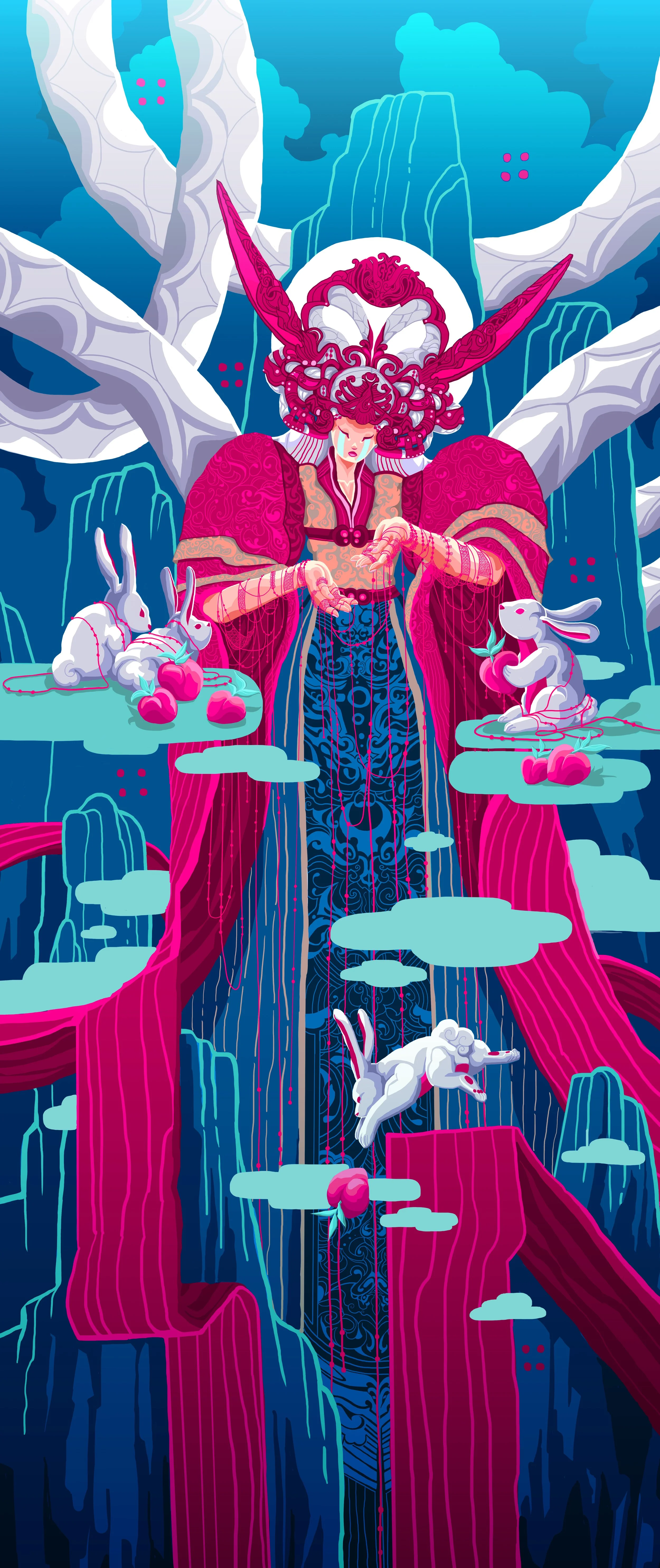 Digital artwork of a mythical figure with intricate pink and purple armor, long flowing garments, and elaborate headgear, standing among stylized mountains, clouds, and floating rabbits and peaches in an Asian-inspired fantasy landscape.