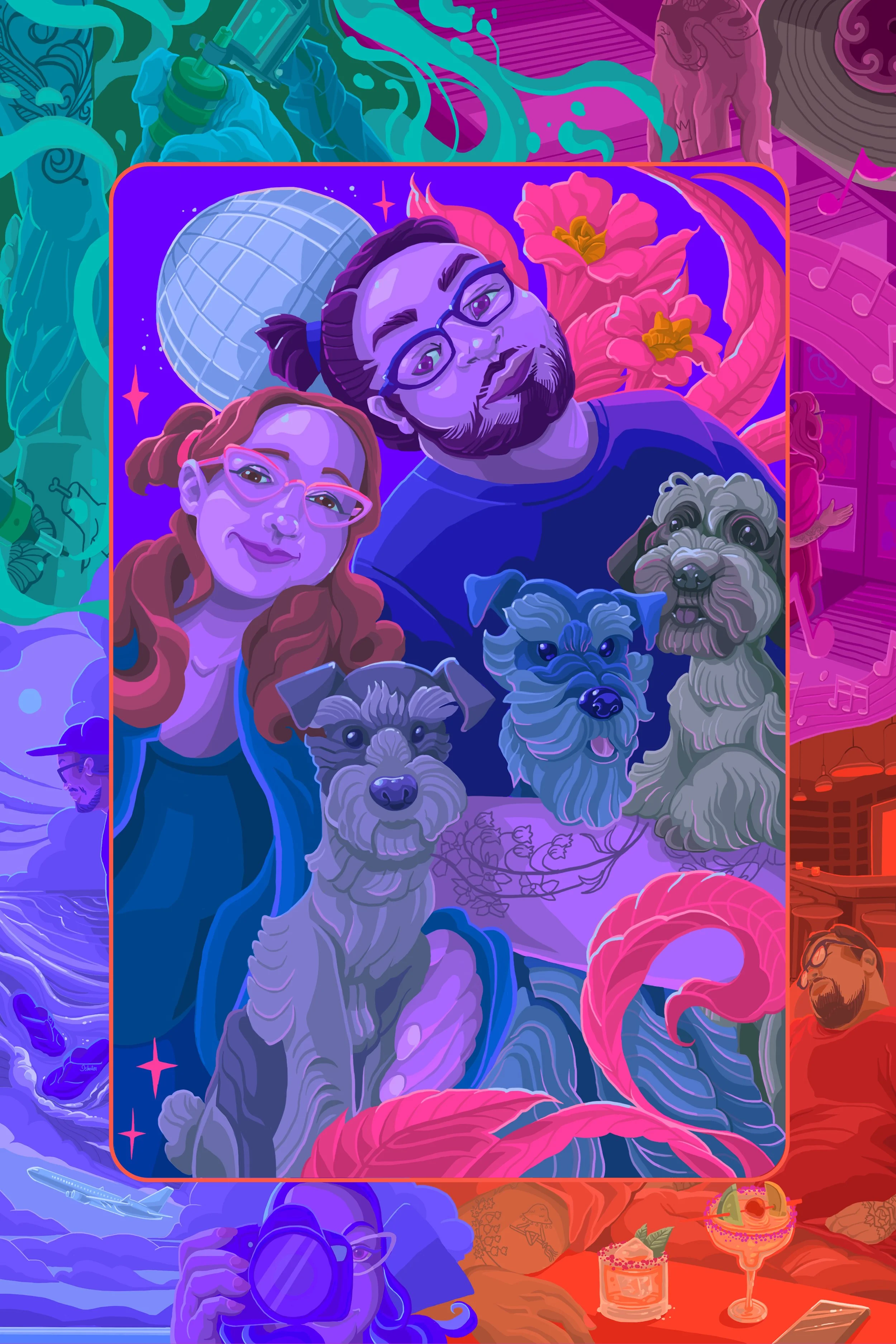 A colorful digital illustration featuring a woman with glasses taking a selfie with a bearded man, two dogs, and vibrant background elements including flowers, musical notes, a disco ball, and various objects divided into bright sections.