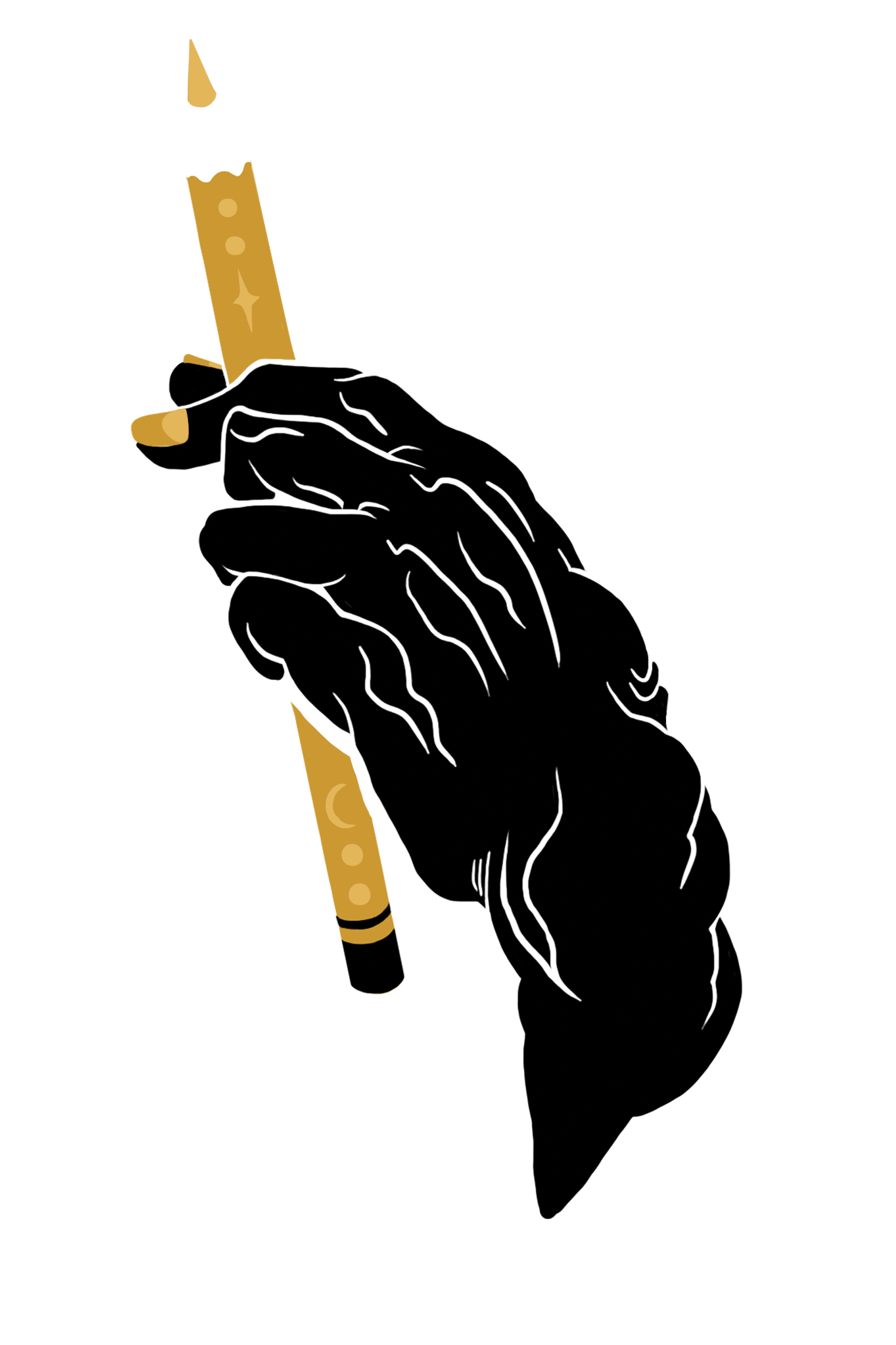 A black and white drawing of a hand holding a gold-colored wand or stick with a white tip, outlined in white.