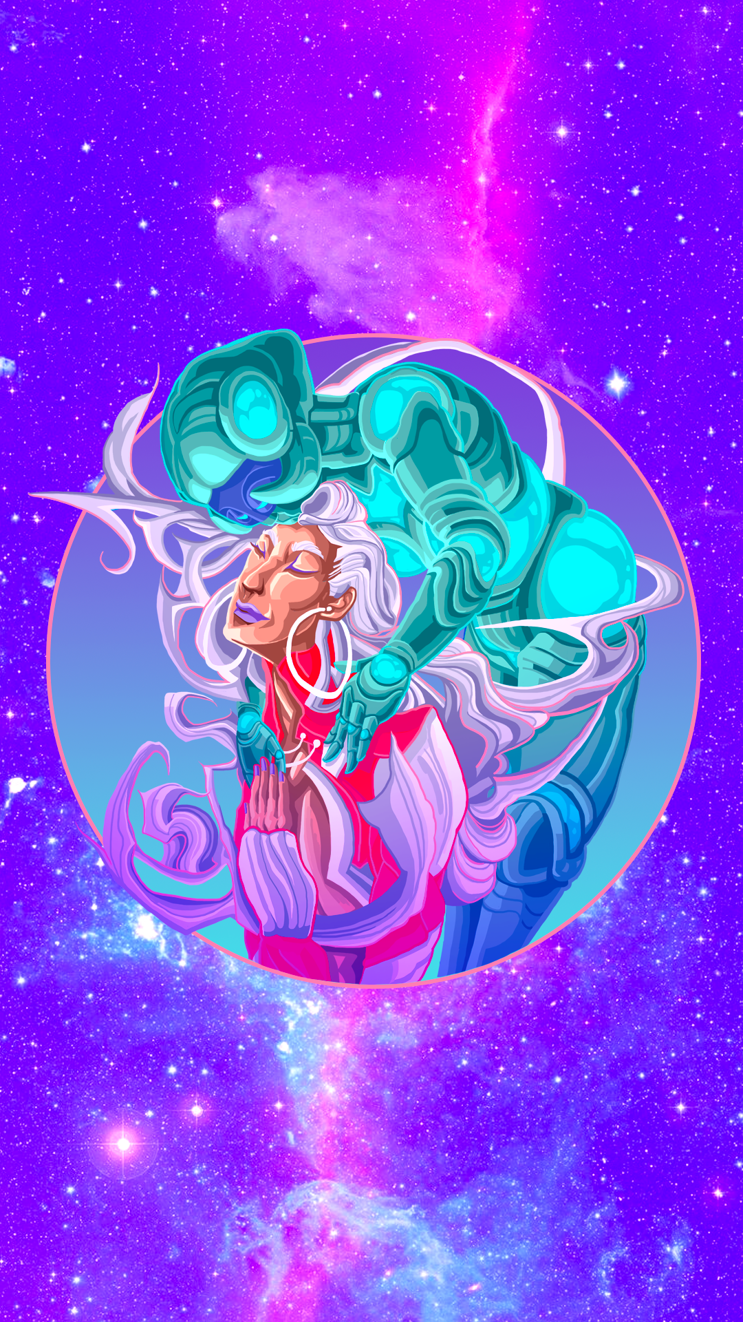 Digital artwork of a futuristic robot embracing a praying woman with long white hair, set against a purple and pink starry galaxy background.