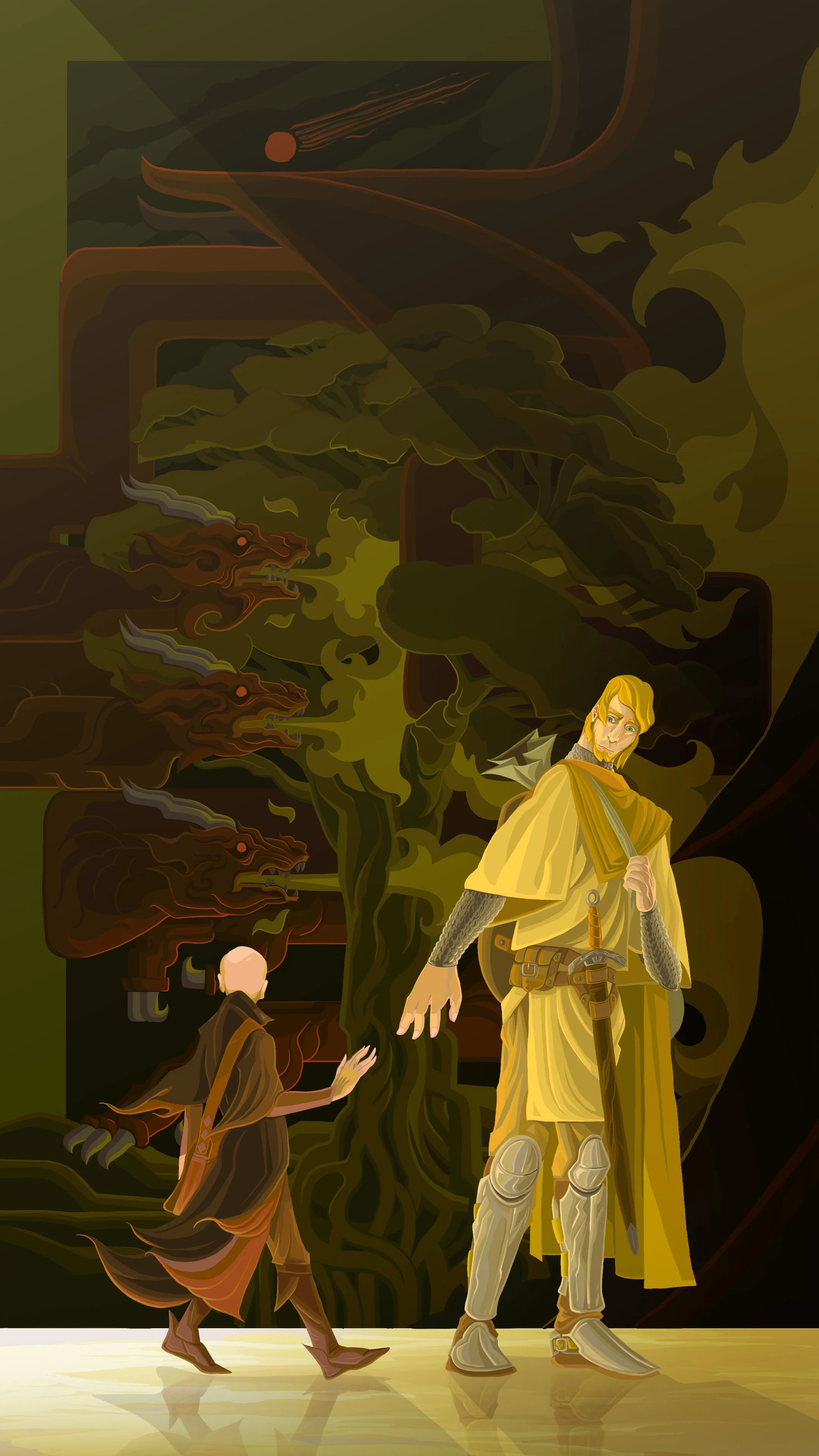 A scene from the Knight of the Seven Kingdoms Game of Thrones universe featuring Ser Duncan the Tall and Aegon Targaryen in a room with a large, mystical tree and dragons on a wall mural in the background.