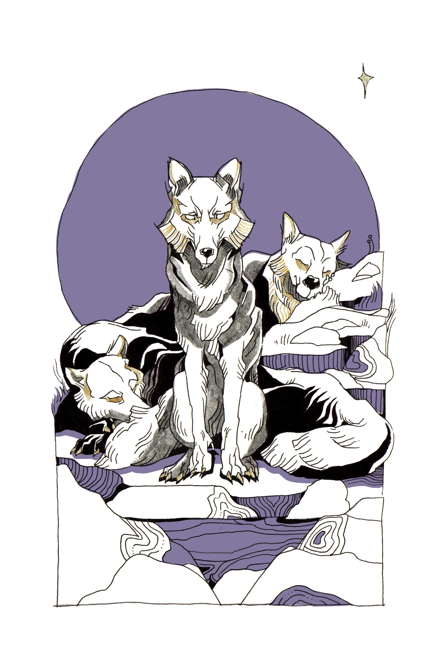 A line drawing of three dogs resting on a layered rock formation with a large purple circular background and a small star in the upper right corner.