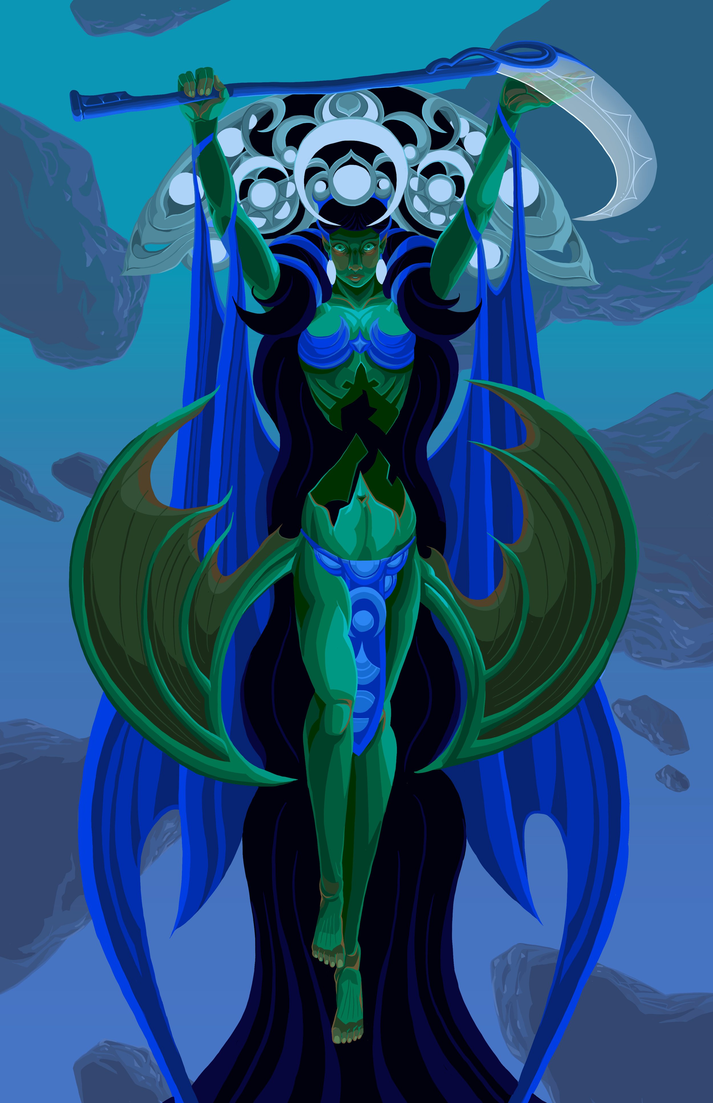 A fantasy illustration of a female manananggal with green skin, long dark hair, and blue and green clothing, with wings and ornamental fashion holding a staff over her shoulder, surrounded by asteroids.
