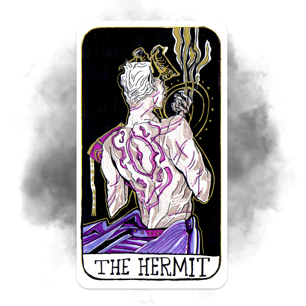 An illustrated tarot card titled 'The Hermit' depicting a muscular man with blond hair, shirtless, with purple tie-dye pants, holding a lit cigarette with smoke rising.