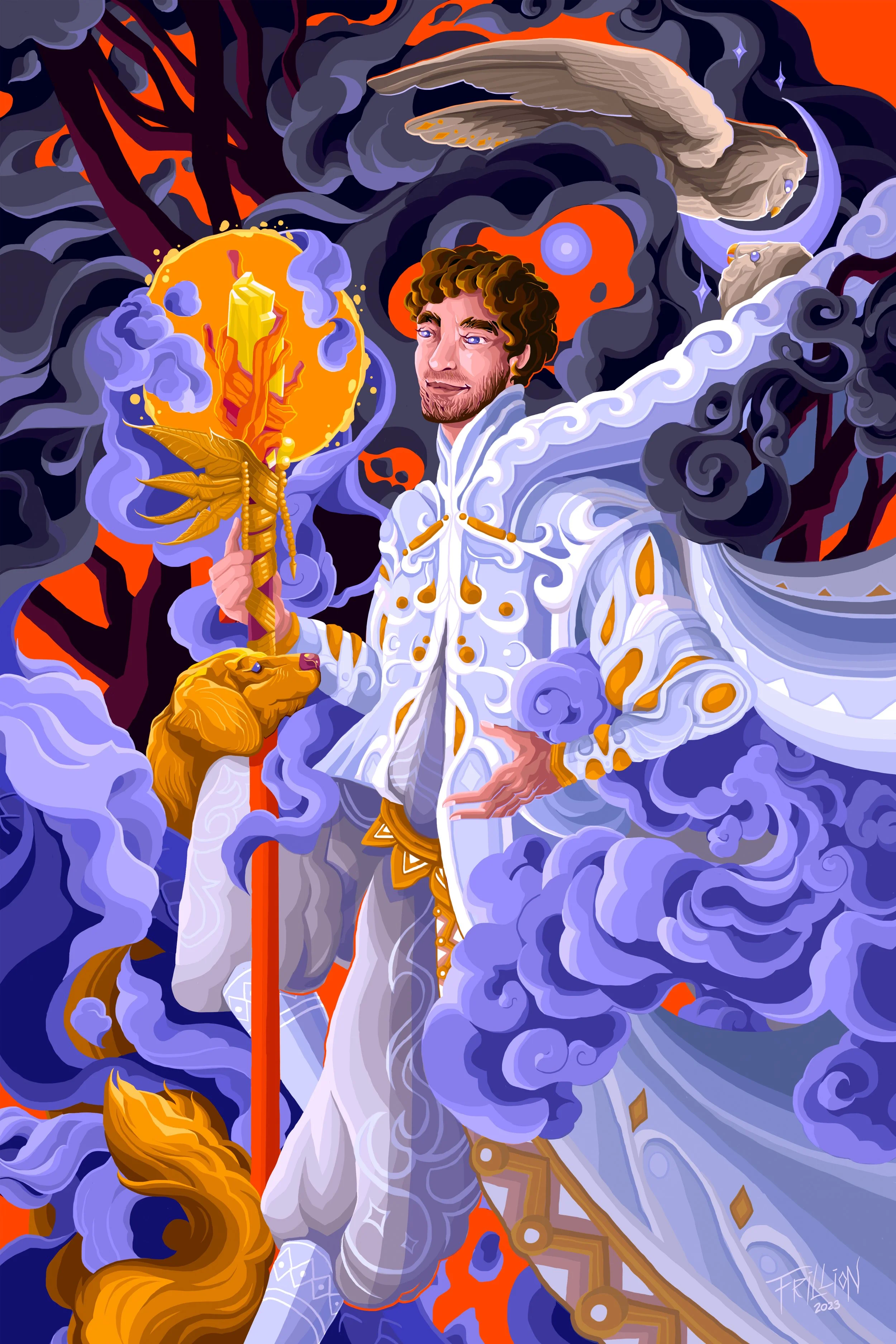 Digital artwork of a man with curly hair and a beard surrounded by swirling clouds, a glowing orange orb, and mythical creatures, set against a fiery orange and dark background.