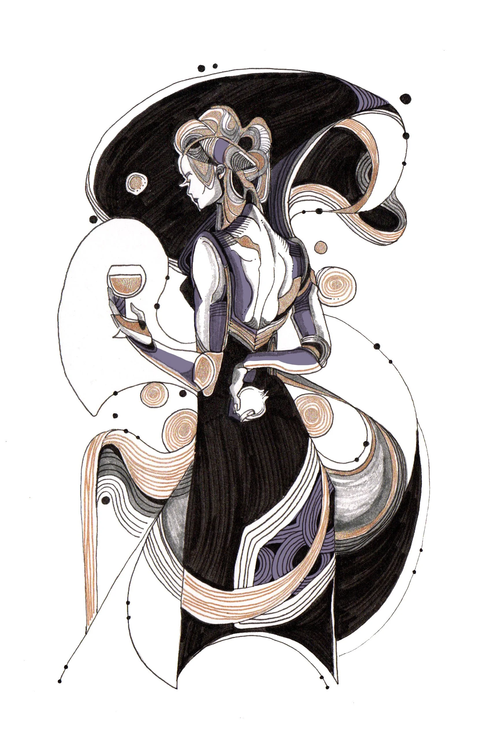 Stylized artistic illustration of a woman with wavy hair, wearing a strapless dress, with swirling and dotted decorative elements surrounding her.