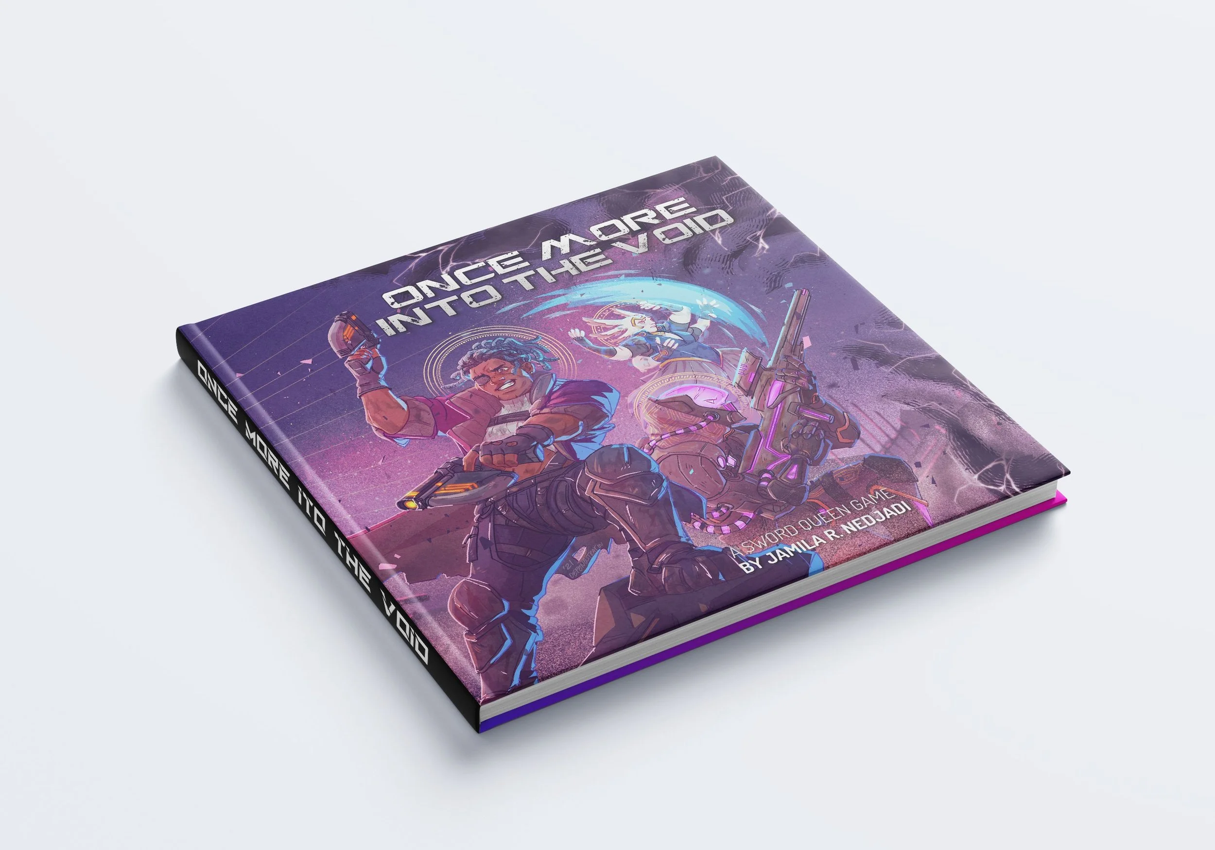 Book titled 'Once More Into the Void' by Jamila R. Nedjadi with a futuristic, cyberpunk cover art featuring two characters in combat gear, one holding a gun and the other unleashing a wave of energy, set against a neon-lit city background.