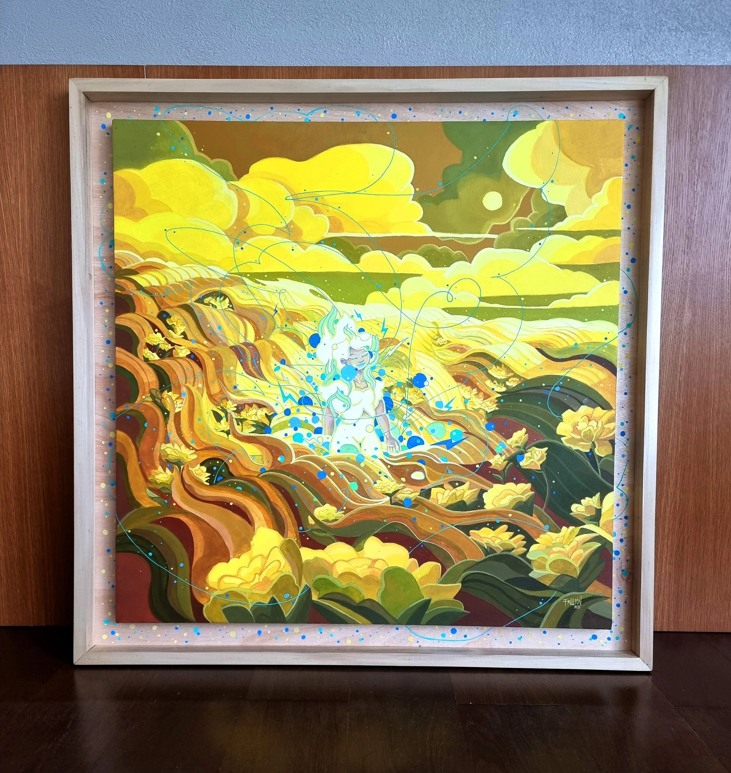 Colorful abstract landscape painting with clouds, rolling hills, and a unicorn, framed in wood and displayed on a wall.