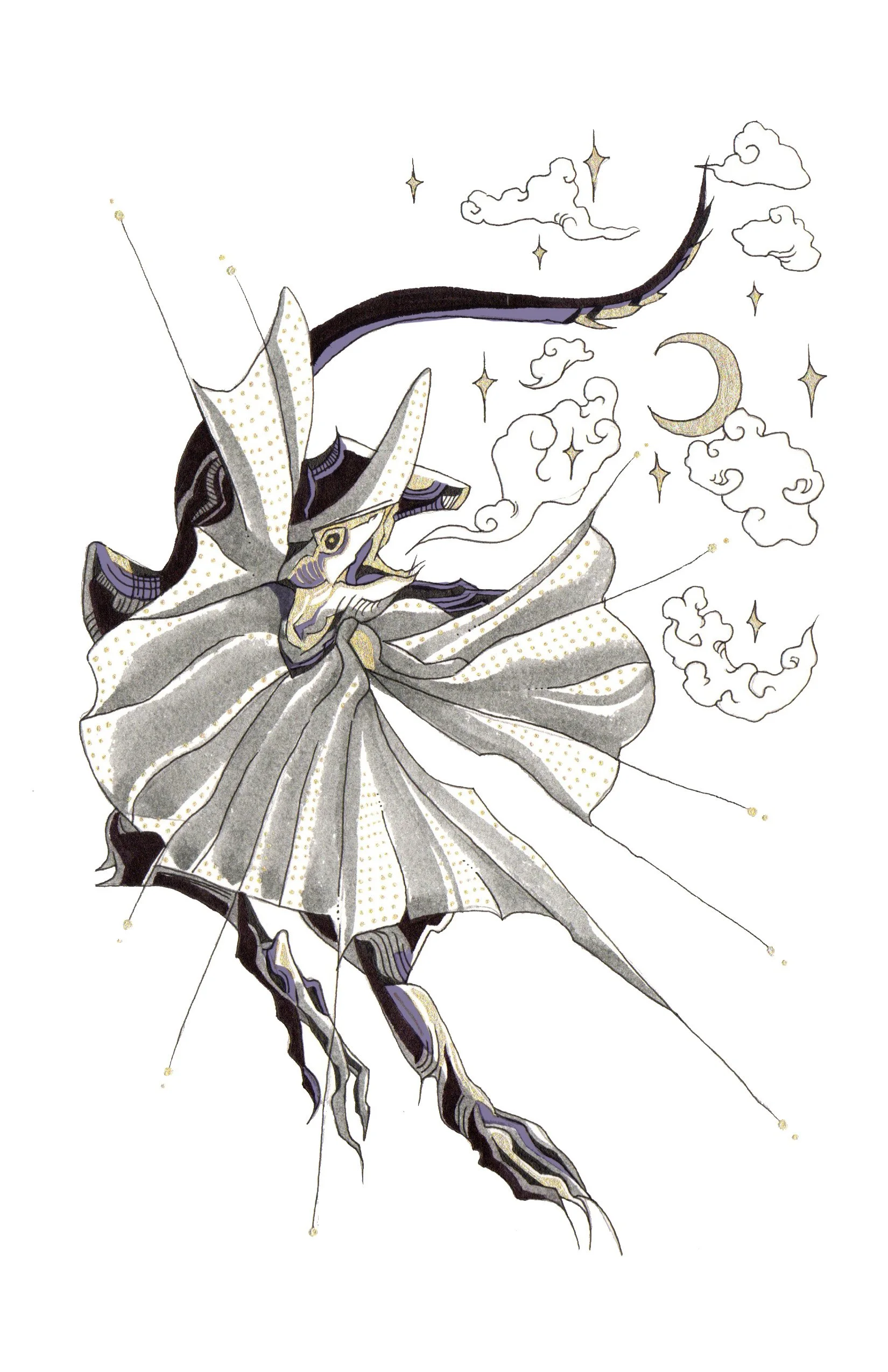 A detailed illustration of a fairy-like insect with a dragonfly body, large wings, and elegant antennae. The background features clouds, stars, and a crescent moon, creating a whimsical night sky scene.