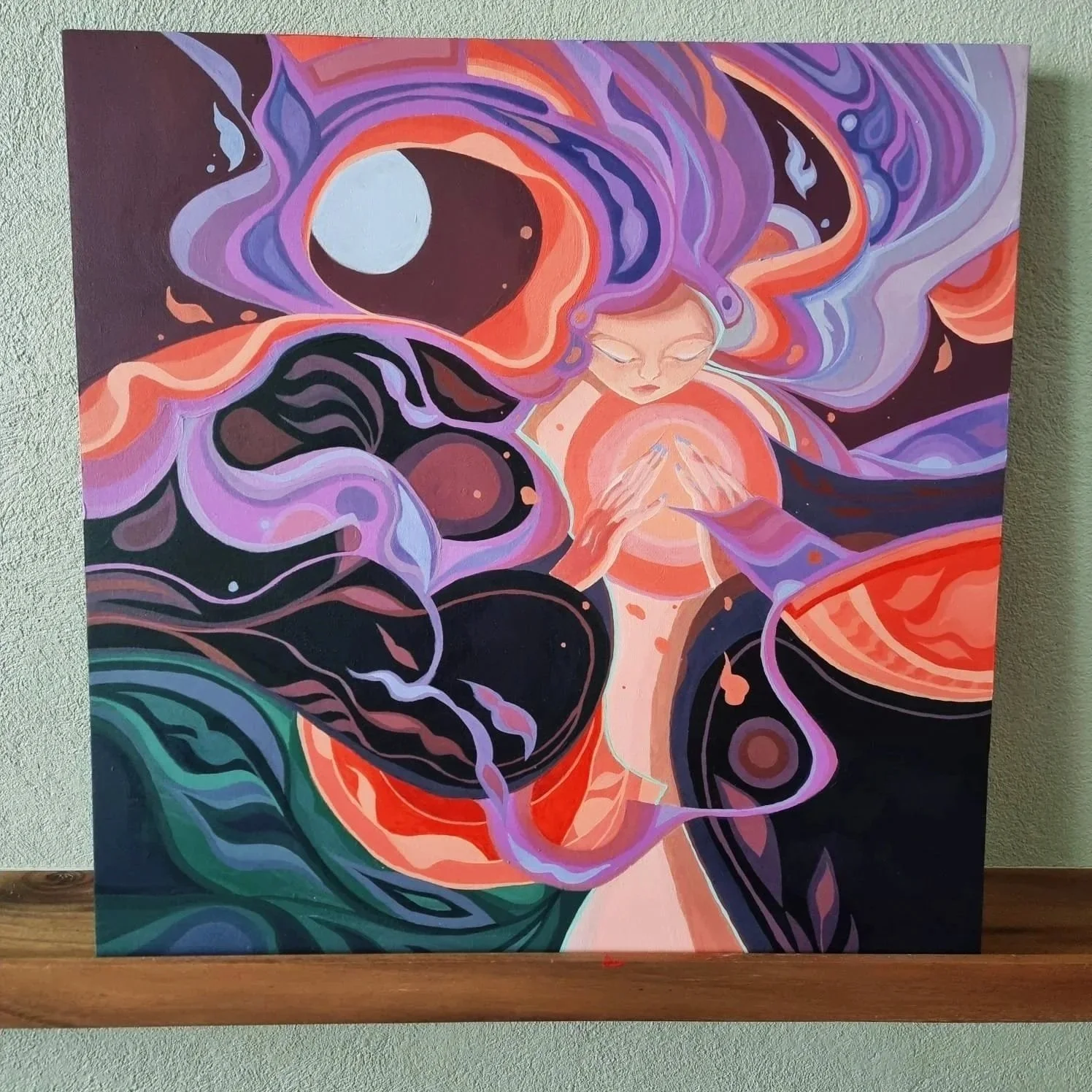 An abstract painting of a woman with flowing, colorful hair that resembles swirling cosmic patterns, with a moon or orb near her head, and her hands forming a triangle around a bright, glowing orb.