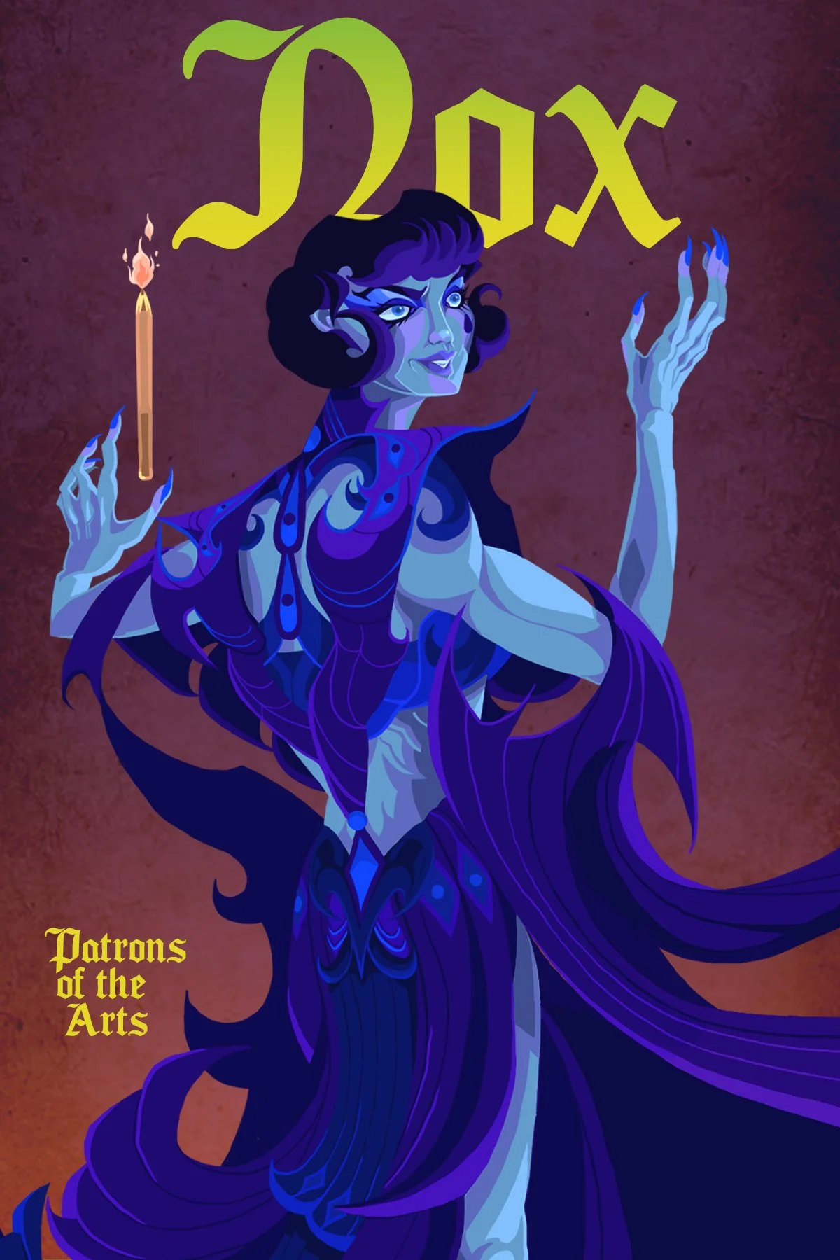 A fantasy illustration of a woman with blue and purple hair, glowing blue eyes, and blue-tinted skin. She is dressed in elaborate purple and blue robes with swirling patterns, holding a lit candle. The background is textured dark red, and the words 'Patrons of the Arts' are in yellow text at the bottom left corner. The large text at the top spells 'Dox' in yellow Gothic font.