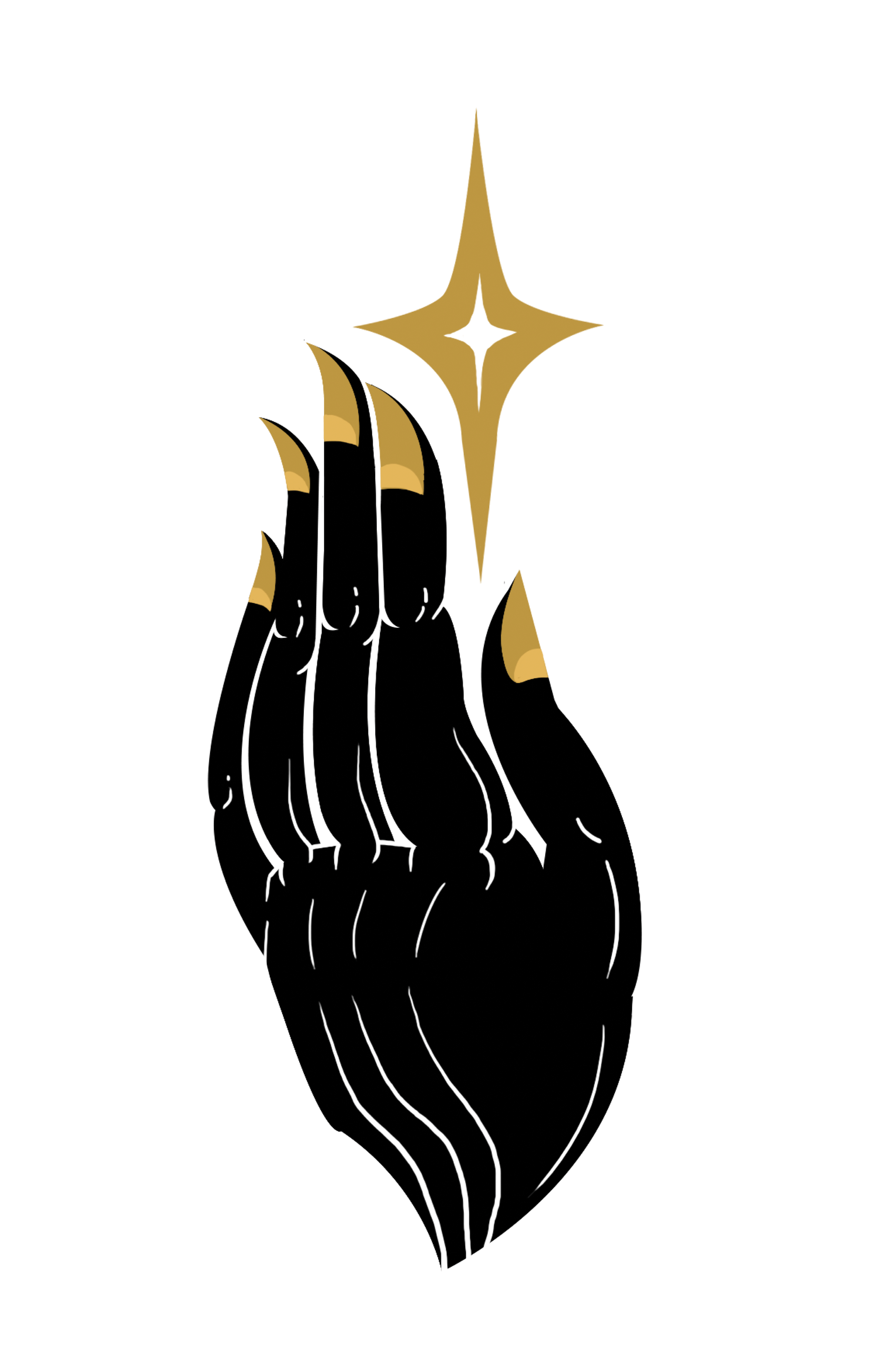 Stylized illustration of a black hand with gold accents making a gesture, with a large white rectangular background and gold sparkling star element.