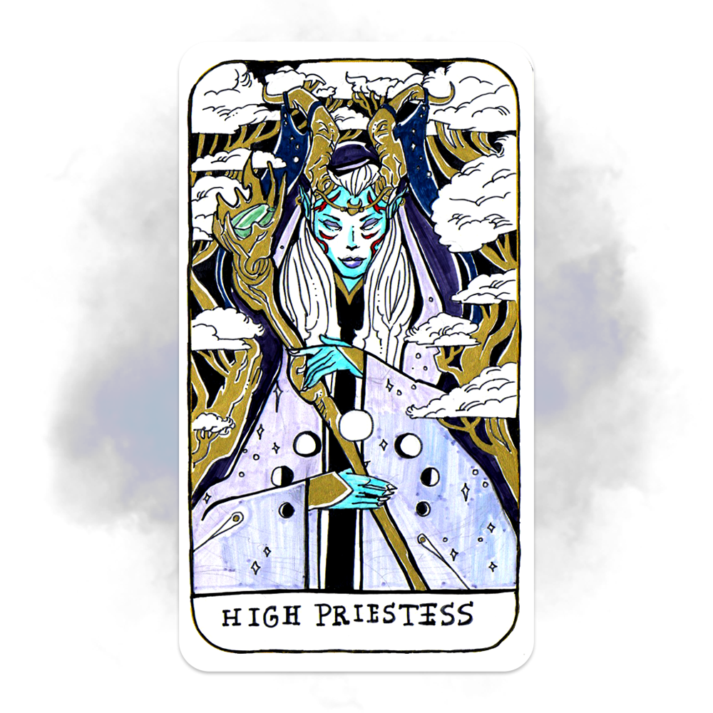A tarot card titled 'High Priestess' features a mystical figure with long white hair, blue skin, and a crown. She holds a staff and is surrounded by clouds and trees with gold and black accents.