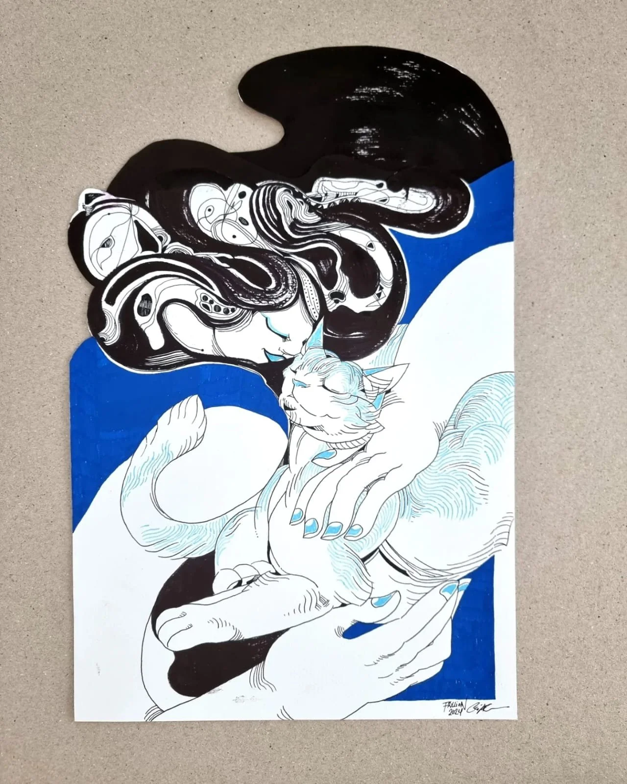 Black and white line art illustration of a woman with long flowing hair embracing a cat, with blue accents on her nails and clothing, on a partially blue background.