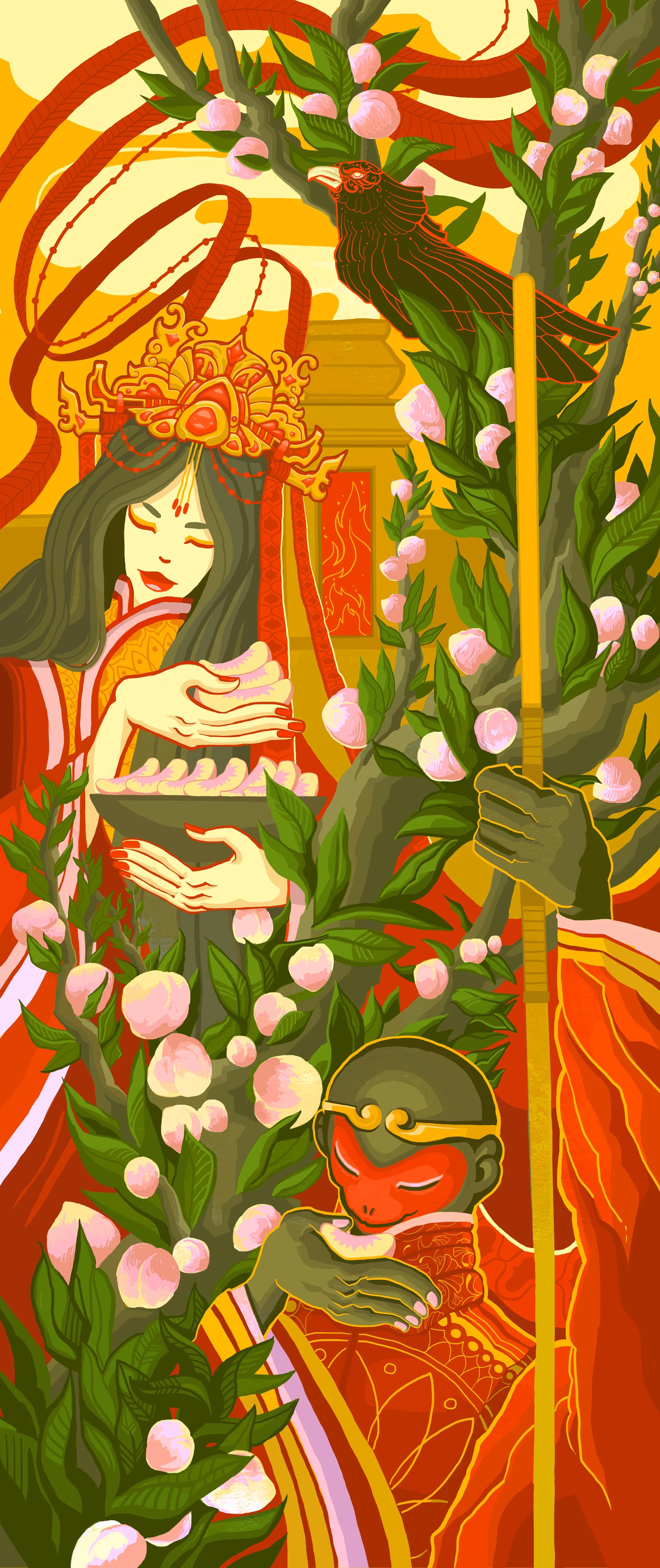 A vibrant, stylized illustration of deities and mythological figures surrounded by peach blossoms and lush greenery, featuring intricate patterns and traditional Asian-inspired elements.