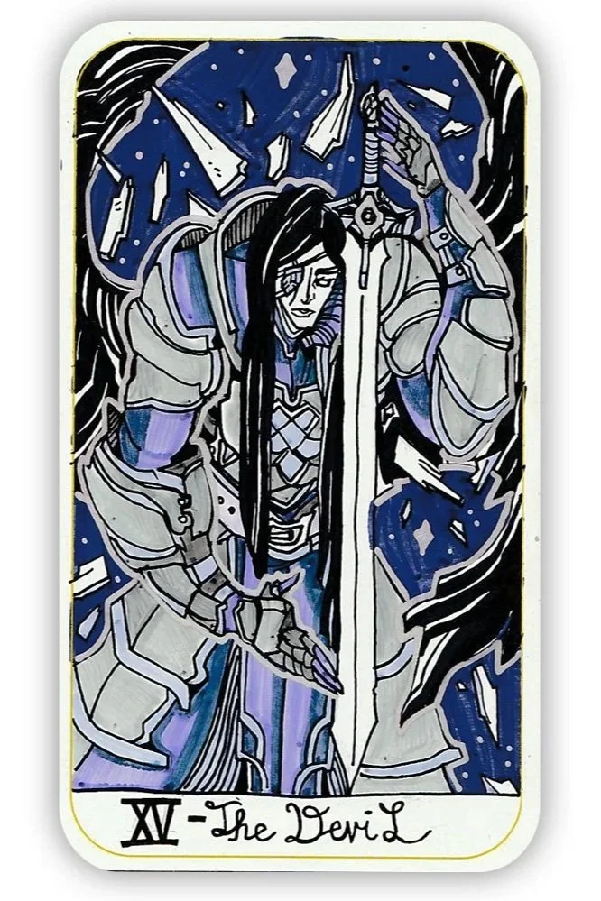 A fantasy illustration of a female warrior in armor, holding a large sword, with a dark background filled with flying debris and lightning, labeled "XIV - The Devil" at the bottom.