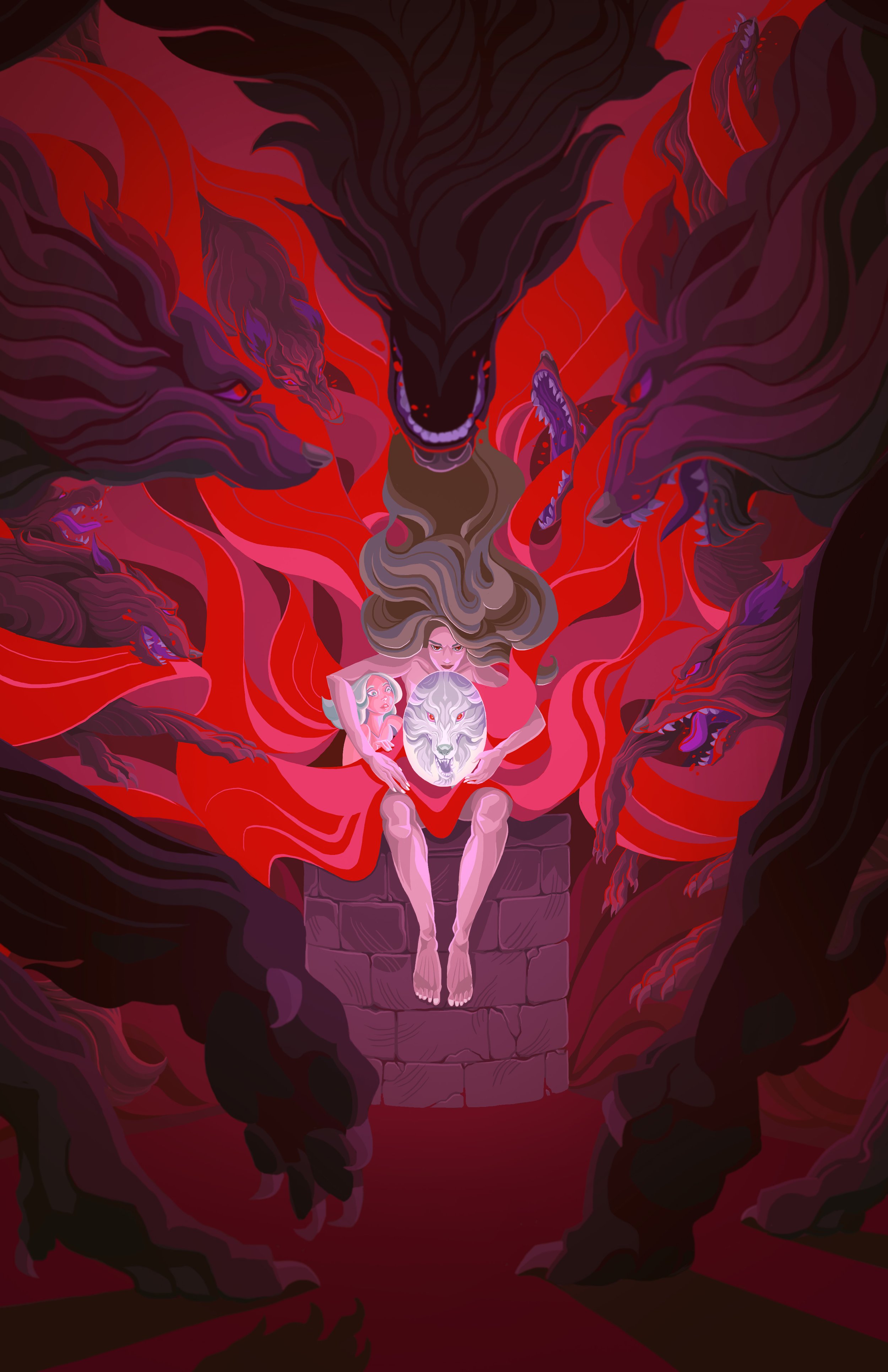 A young woman with long hair sits on a stone ledge, holding a mirror with a tiger's face design, surrounded by four large dark wolves and fiery red flames.