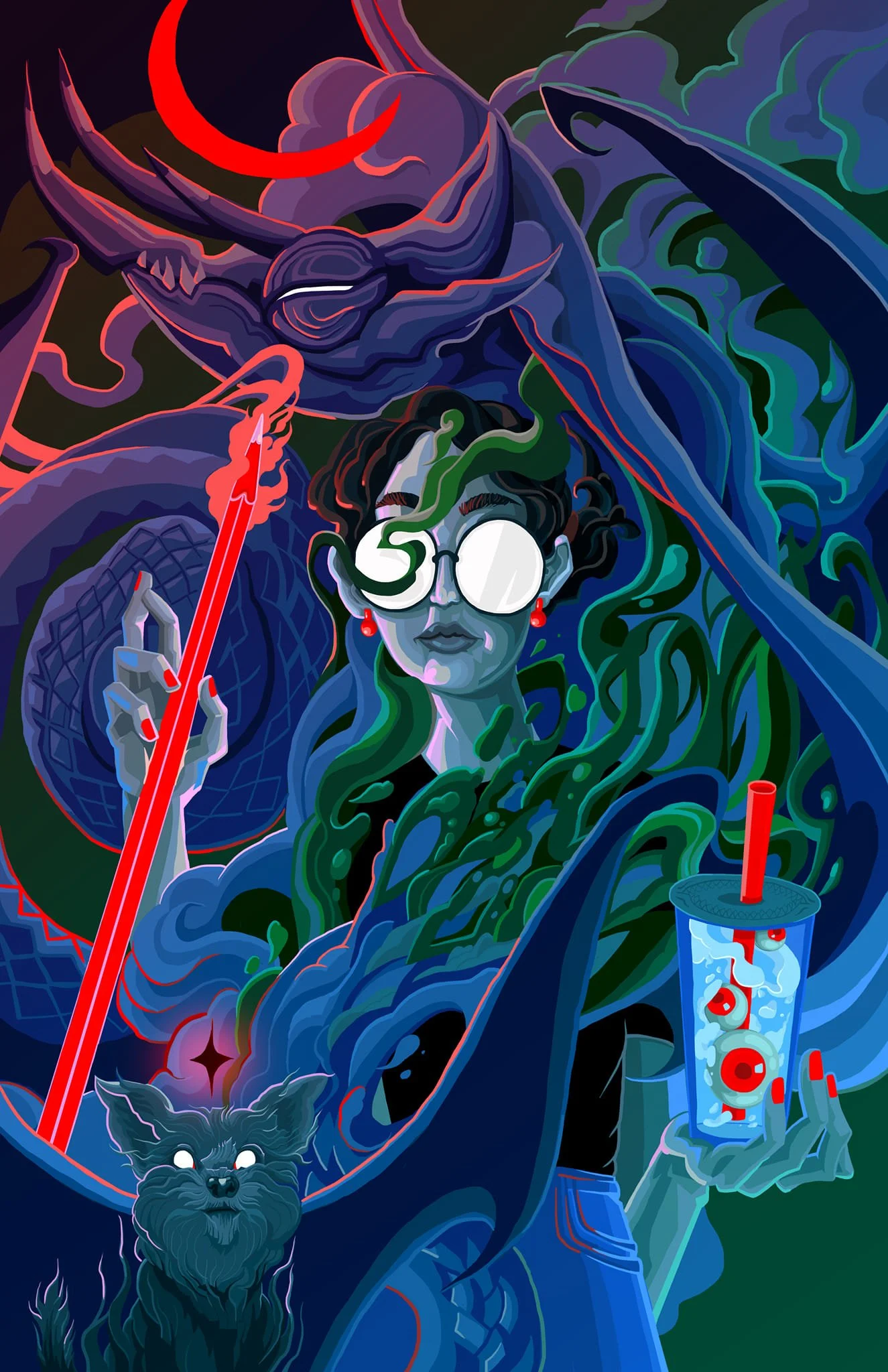 Digital artwork of a woman with glasses and earrings holding a drink with a straw, a wolf in front, a dragon behind, and surreal elements including tentacles and a red crescent moon.
