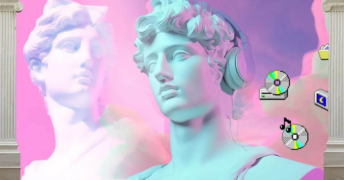 Two classical bust sculptures with pastel pink and purple clouds in the background, digital items like a palette, CD, and a data file, and a pair of headphones around one bust's neck.