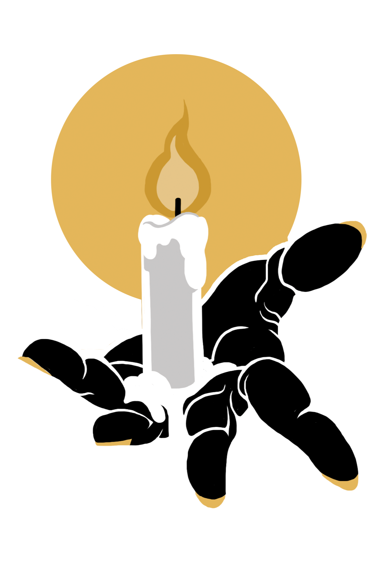 A hand holding a white candle with a flame, surround by black stones or pebbles.