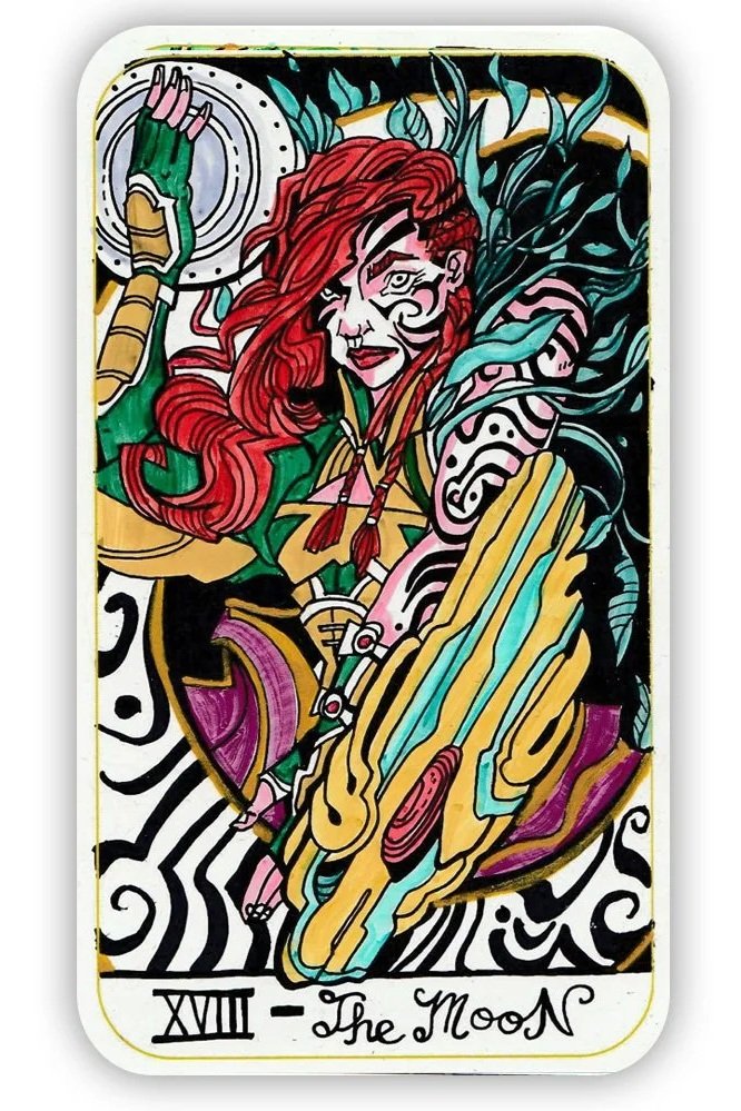 Colorful illustration of a woman with long red hair holding a shield, surrounded by abstract swirls and leafy patterns, labeled 'The Moon' and numbered XVIII.