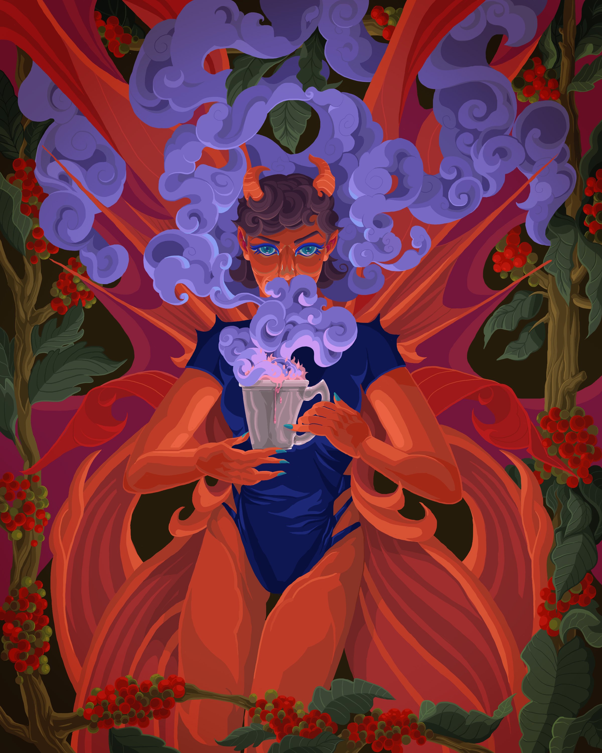 A woman with horns on her head, blue eyes, and makeup, holding a steaming mug, surrounded by swirling purple smoke and vibrant red and green foliage.